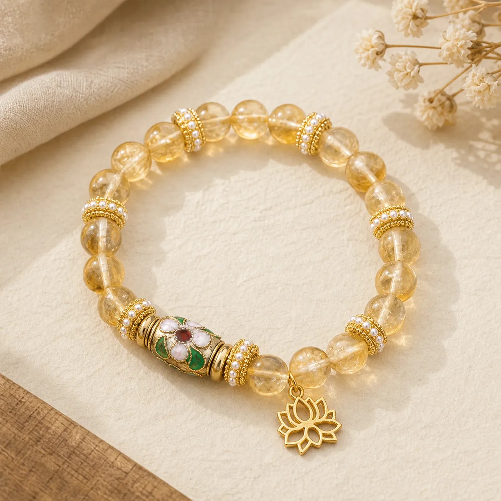 Citrine Lotus Pendant Enamel Barrel Bead Abundance Hand-polished Round Bead Bracelet featuring Citrine, Lotus, Lotus Symbol