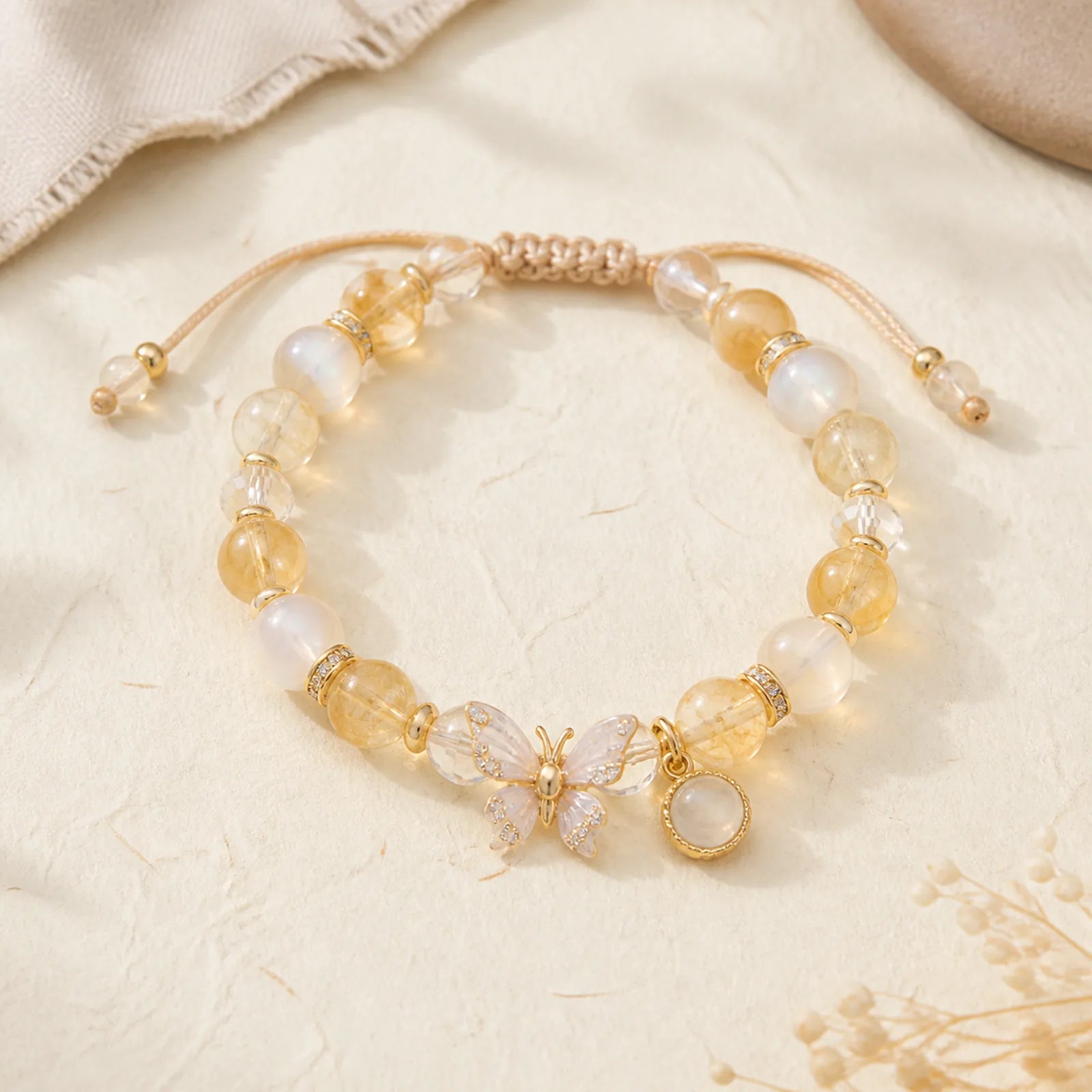 Citrine Moonstone Butterfly Charm Prosperity Protection Bracelet featuring Citrine, Moonstone, Butterfly