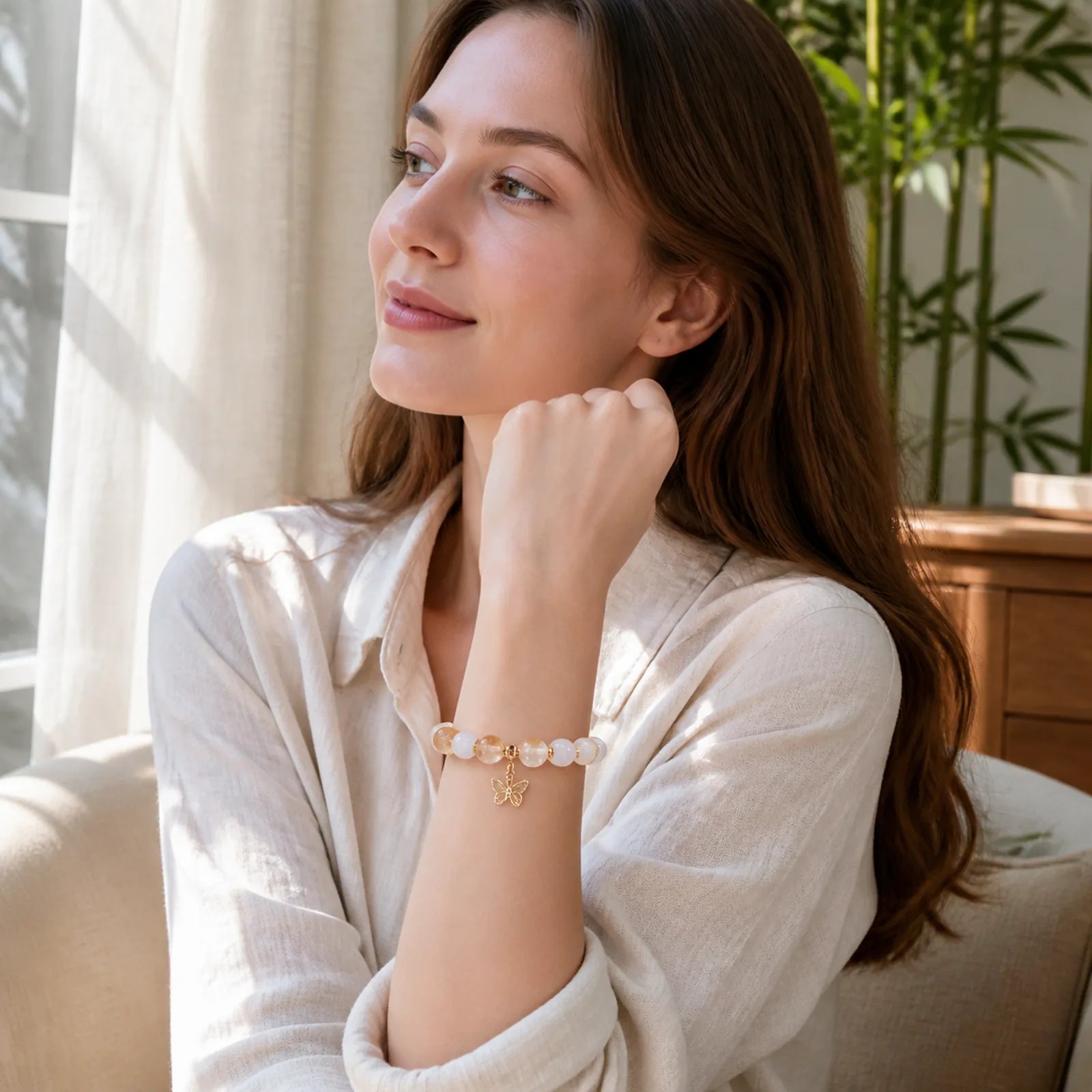 Citrine Moonstone Butterfly Charm Prosperity Protection Bracelet featuring Citrine, Moonstone, Butterfly