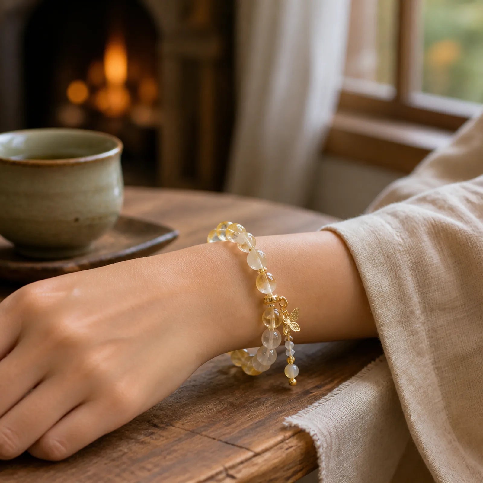 Citrine Moonstone Butterfly Charm Prosperity Protection Bracelet featuring Citrine, Moonstone, Butterfly