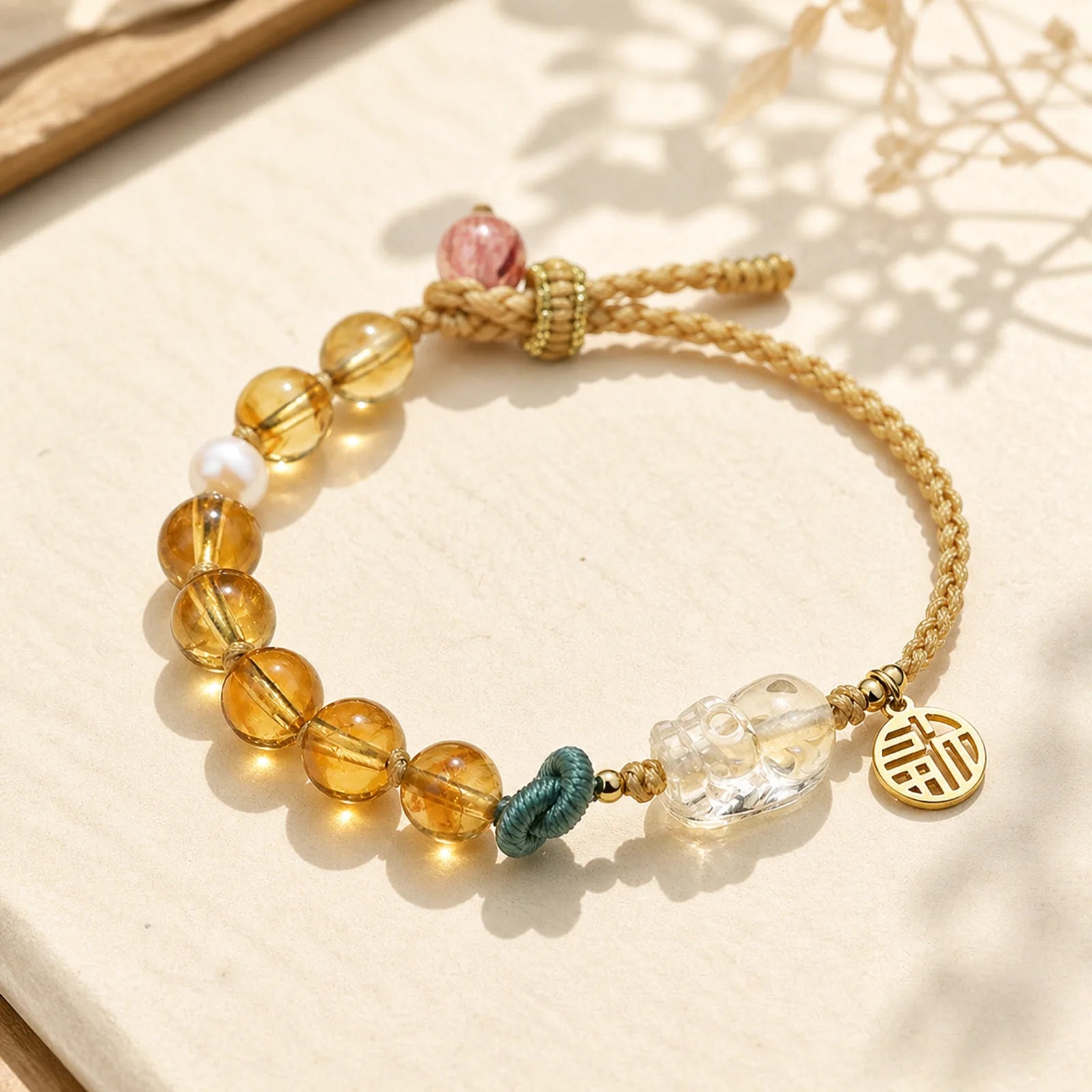 Citrine PiXiu Fu Character Prosperity String Braided Bracelet featuring Citrine, Pixiu, Fu Character