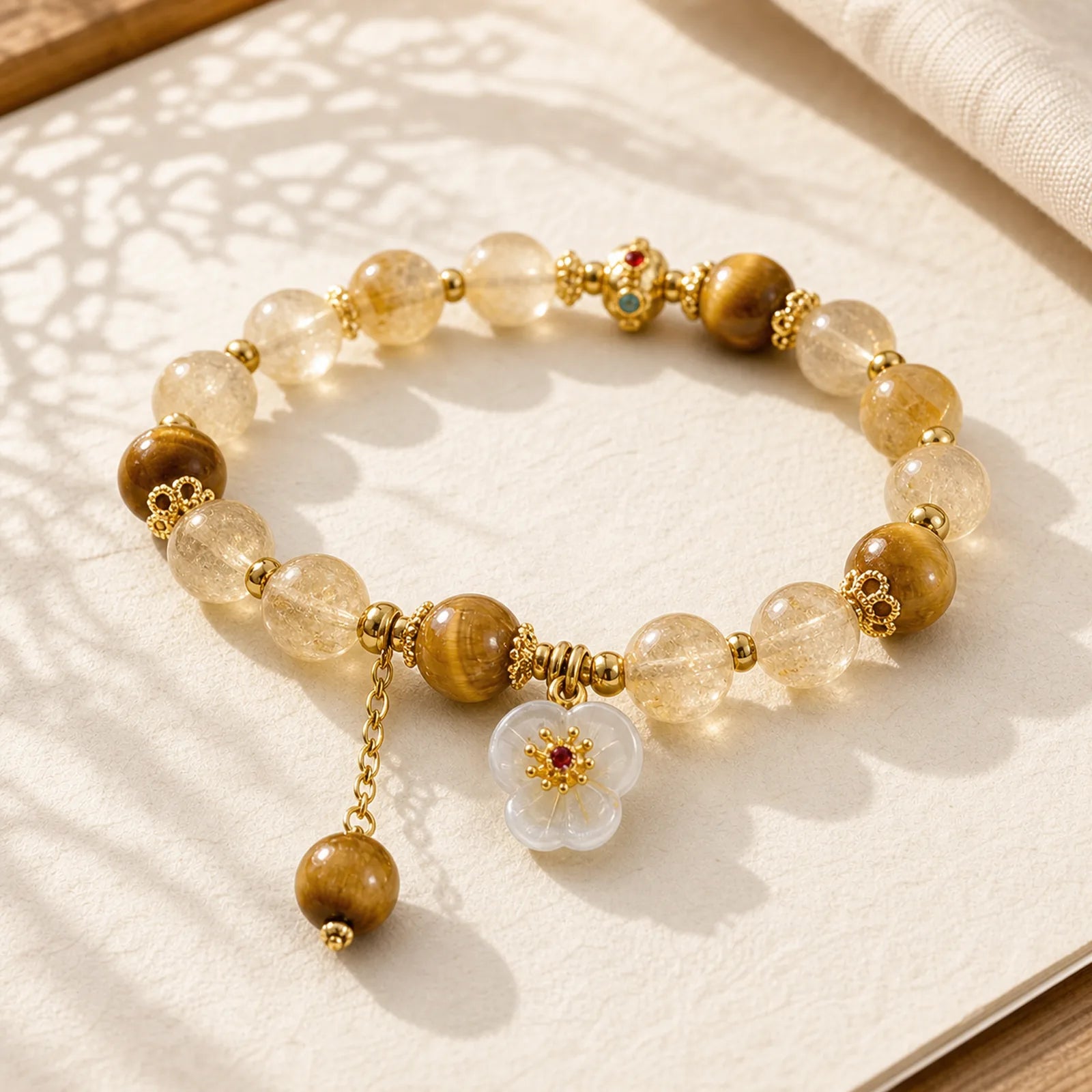 Citrine Tiger Eye Flower Charm Generosity Bracelet featuring Citrine, Tiger Eye
