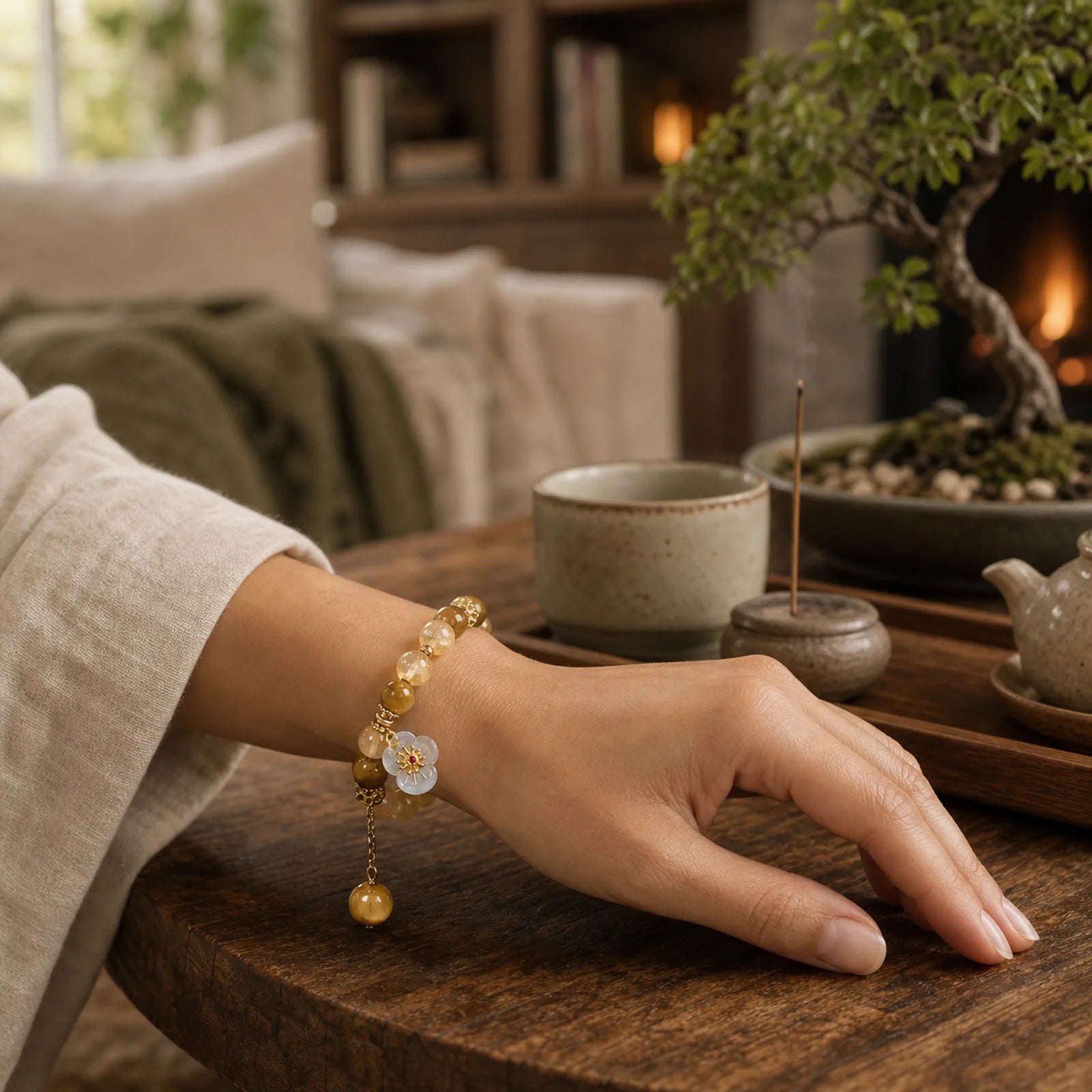 Citrine Tiger Eye Flower Charm Generosity Bracelet featuring Citrine, Tiger Eye