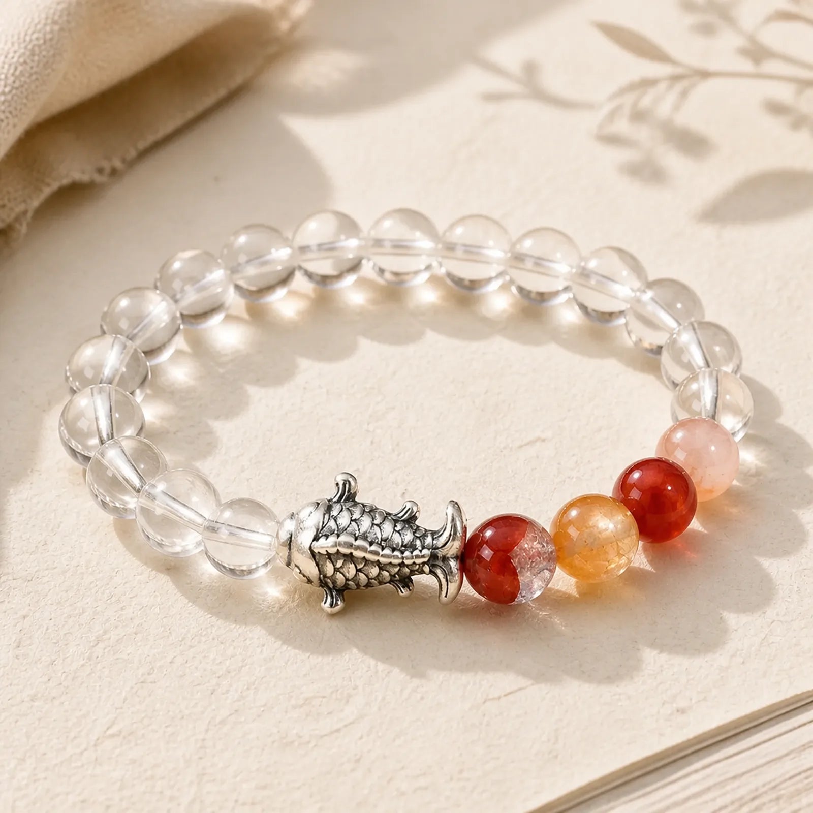 Clear Quartz 999 Sterling Silver Koi Fish Protection Bracelet featuring Silver, Koi Fish, Clear Quartz / White Crystal
