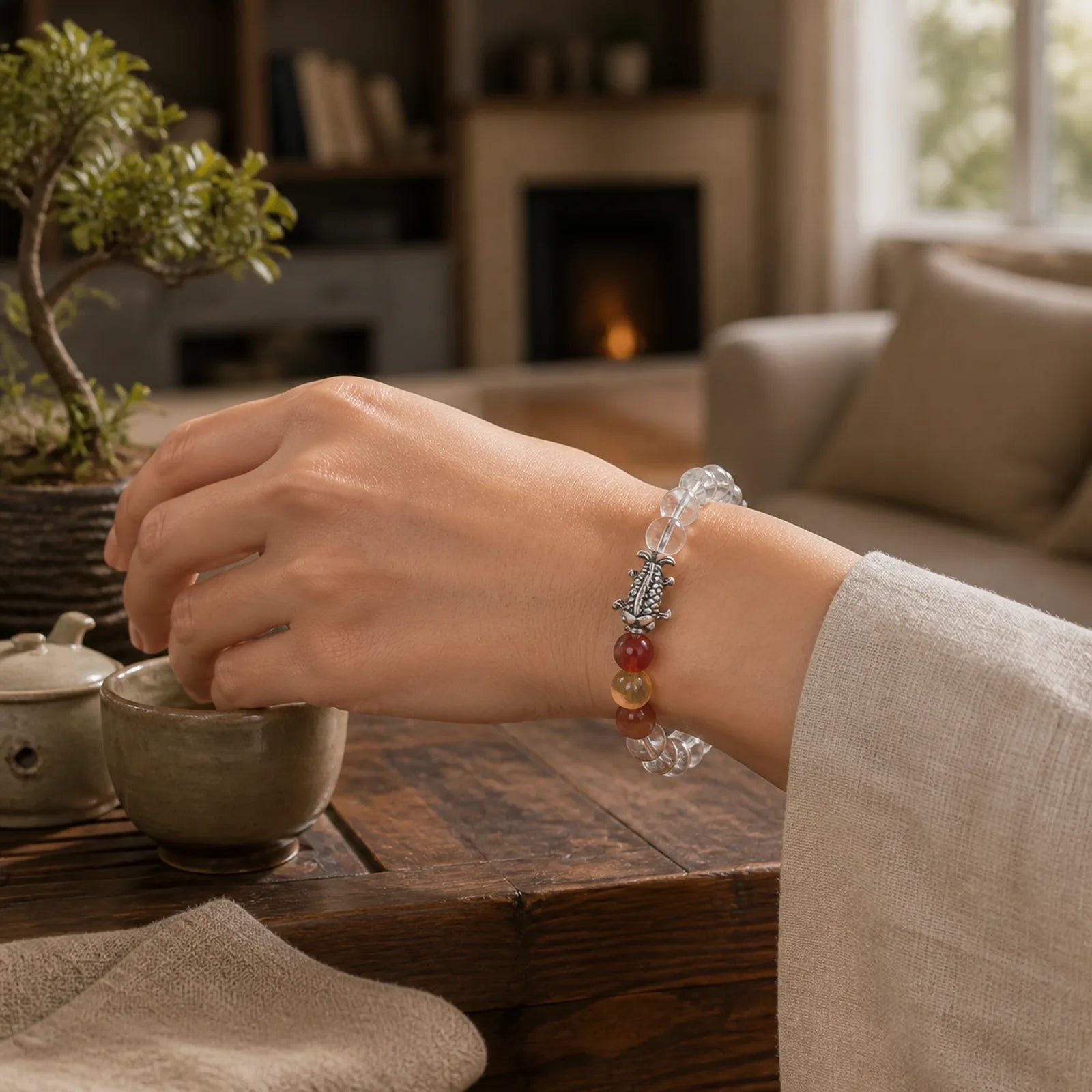 Clear Quartz 999 Sterling Silver Koi Fish Protection Bracelet featuring Silver, Koi Fish, Clear Quartz / White Crystal