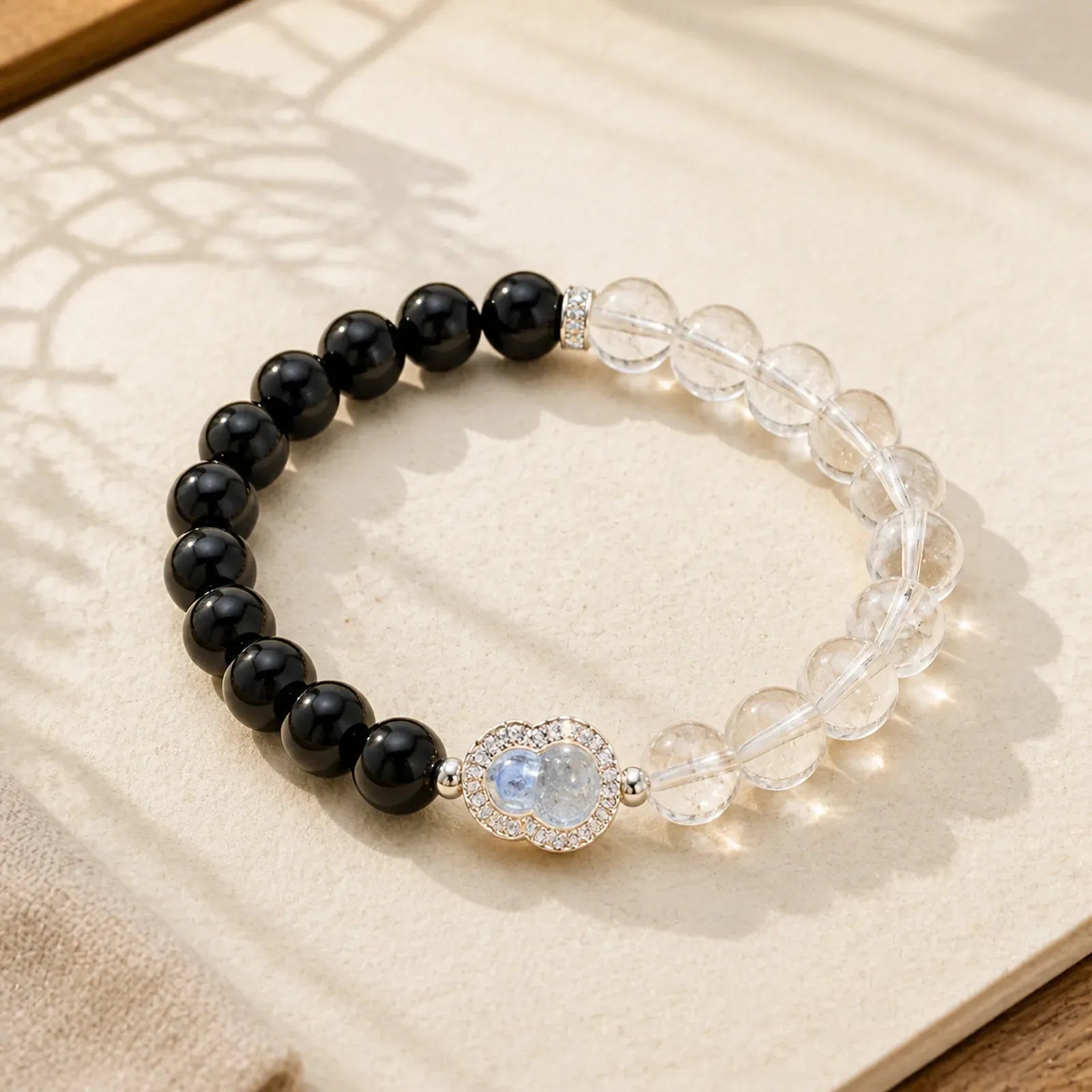 Clear Quartz Black Obsidian Gourd Clarity Bracelet featuring Black Obsidian, Clear Quartz / White Crystal