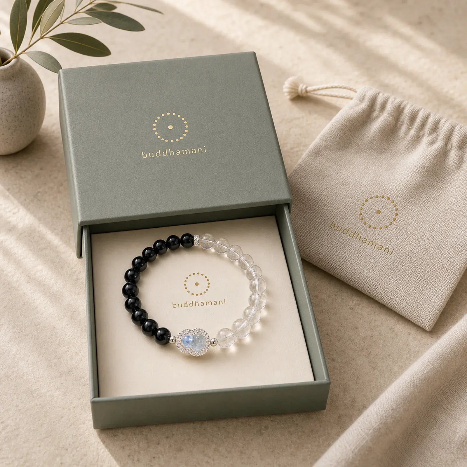 Clear Quartz Black Obsidian Gourd Clarity Bracelet featuring Black Obsidian, Clear Quartz / White Crystal