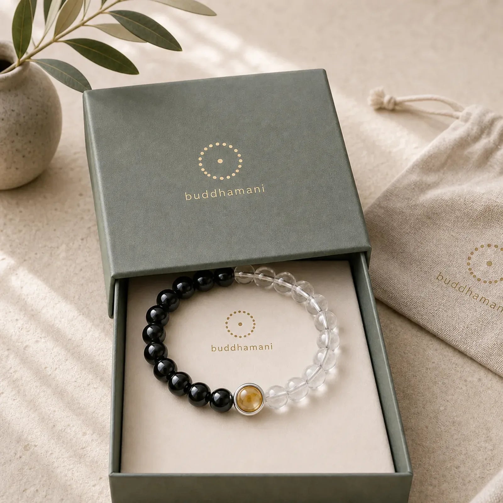 Clear Quartz Black Obsidian Protection Bracelet featuring Black Obsidian, Clear Quartz / White Crystal, Citrine