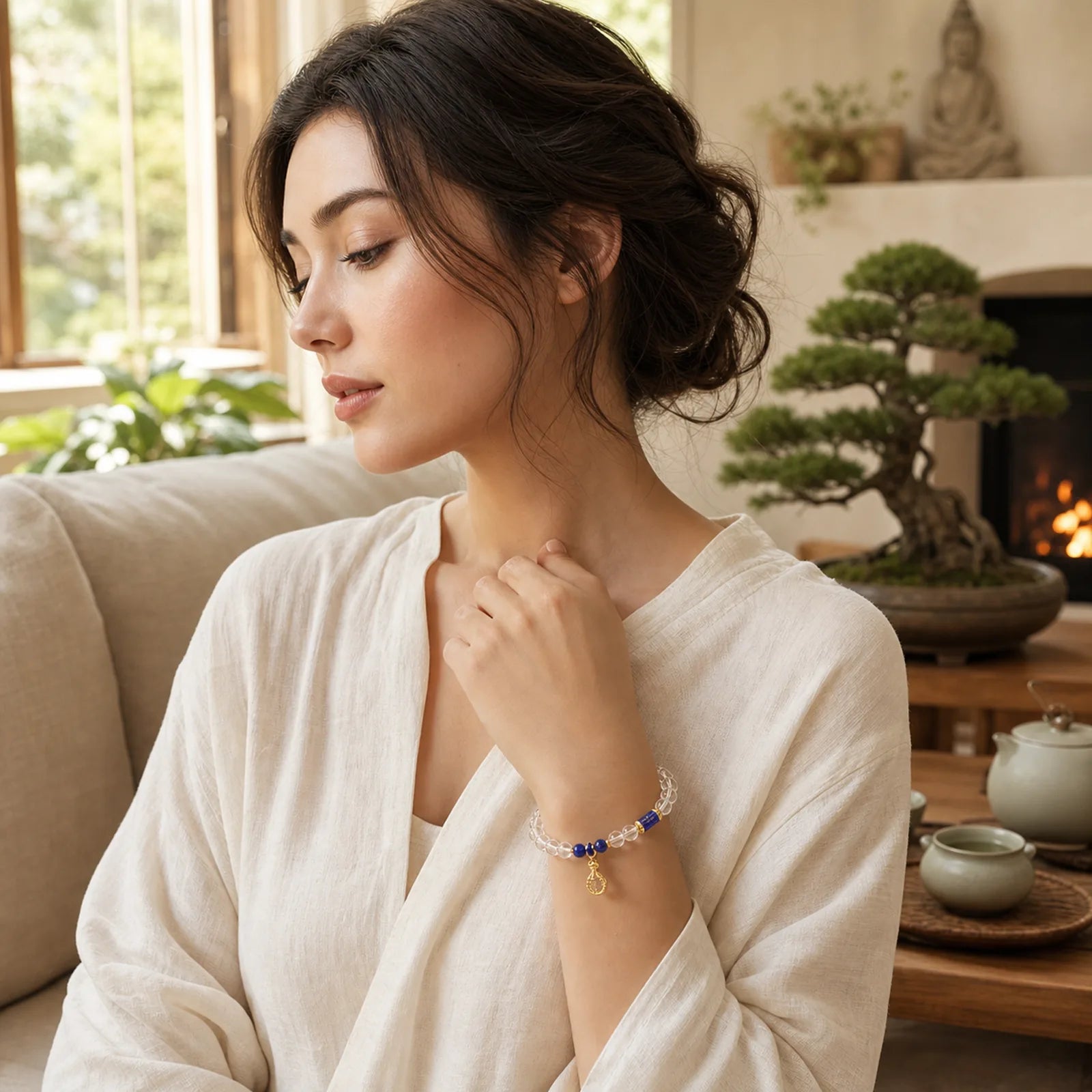 Clear Quartz Zakiram Protection Bracelet featuring Clear Quartz / White Crystal, Silver, Copper