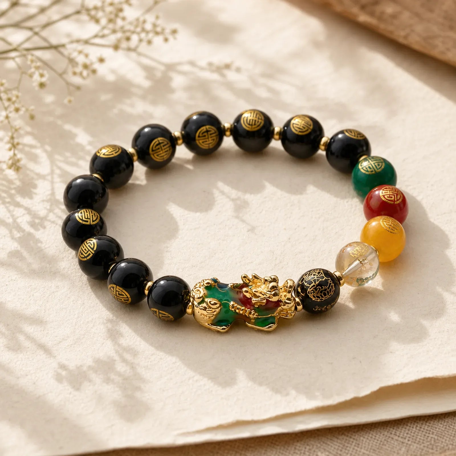 Color-Changing Pixiu Obsidian Luck Bracelet featuring Pixiu, Obsidian, Five Elements