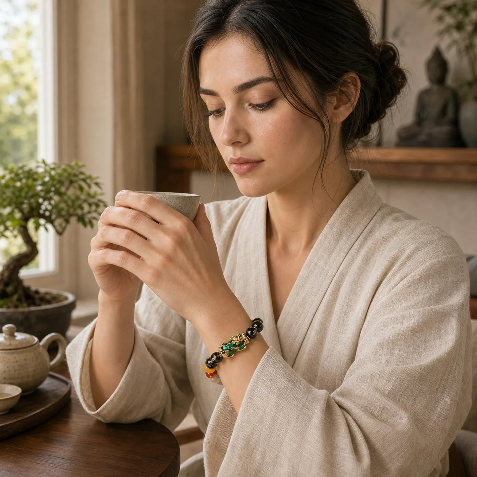 Color-Changing Pixiu Obsidian Luck Bracelet featuring Pixiu, Obsidian, Five Elements