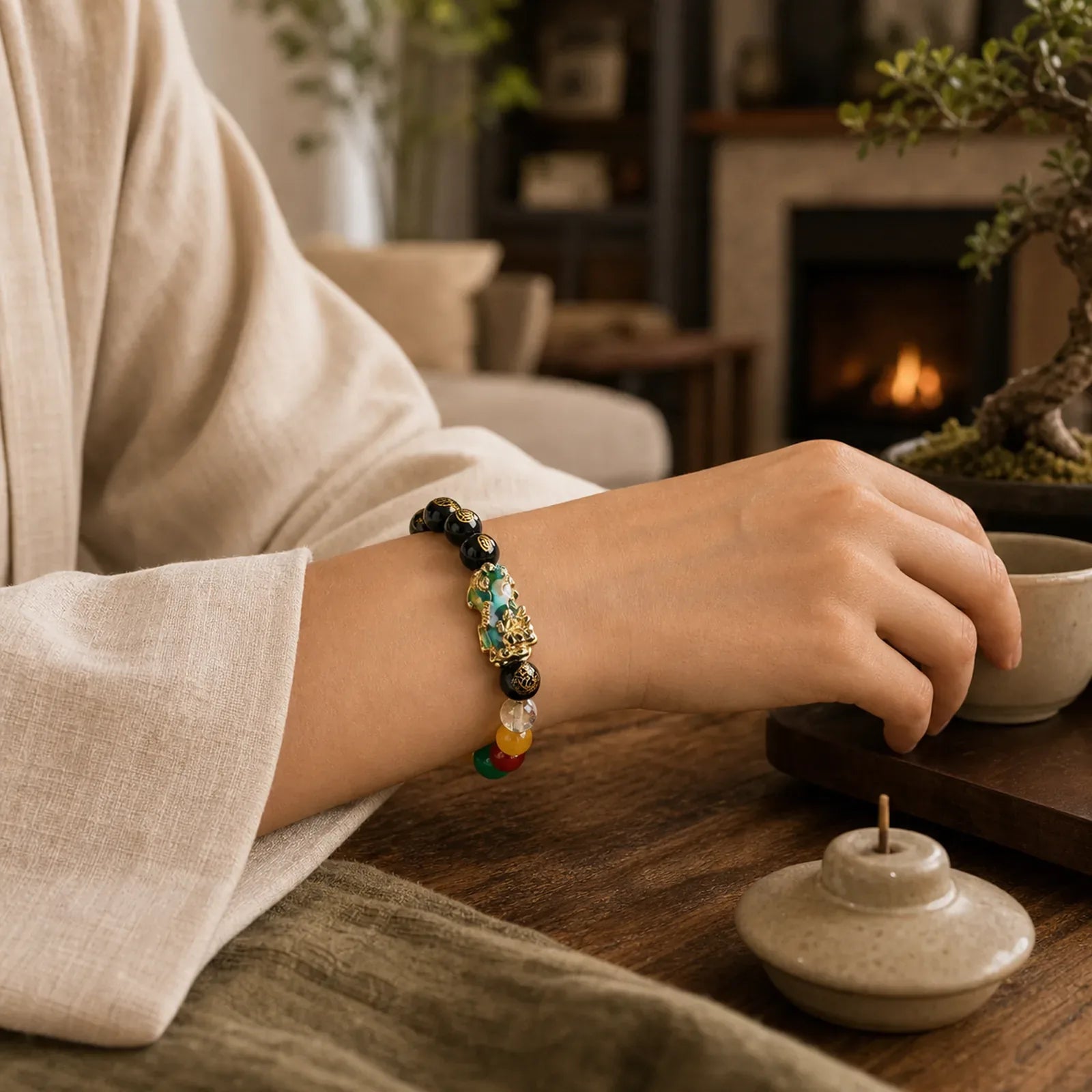 Color-Changing Pixiu Obsidian Luck Bracelet featuring Pixiu, Obsidian, Five Elements