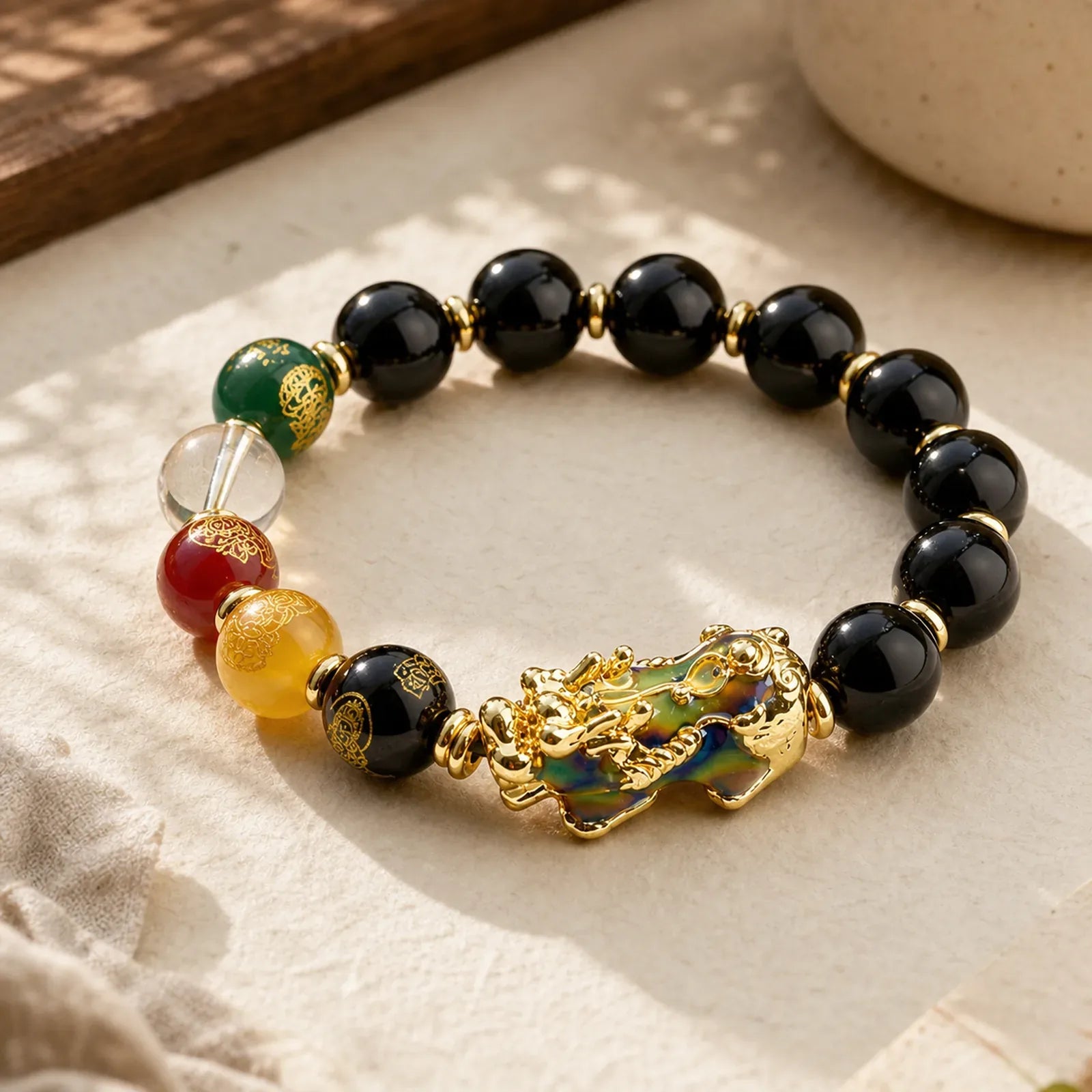 Color-Changing Pixiu Obsidian Wealth Bracelet featuring Pixiu, Obsidian, Five Elements