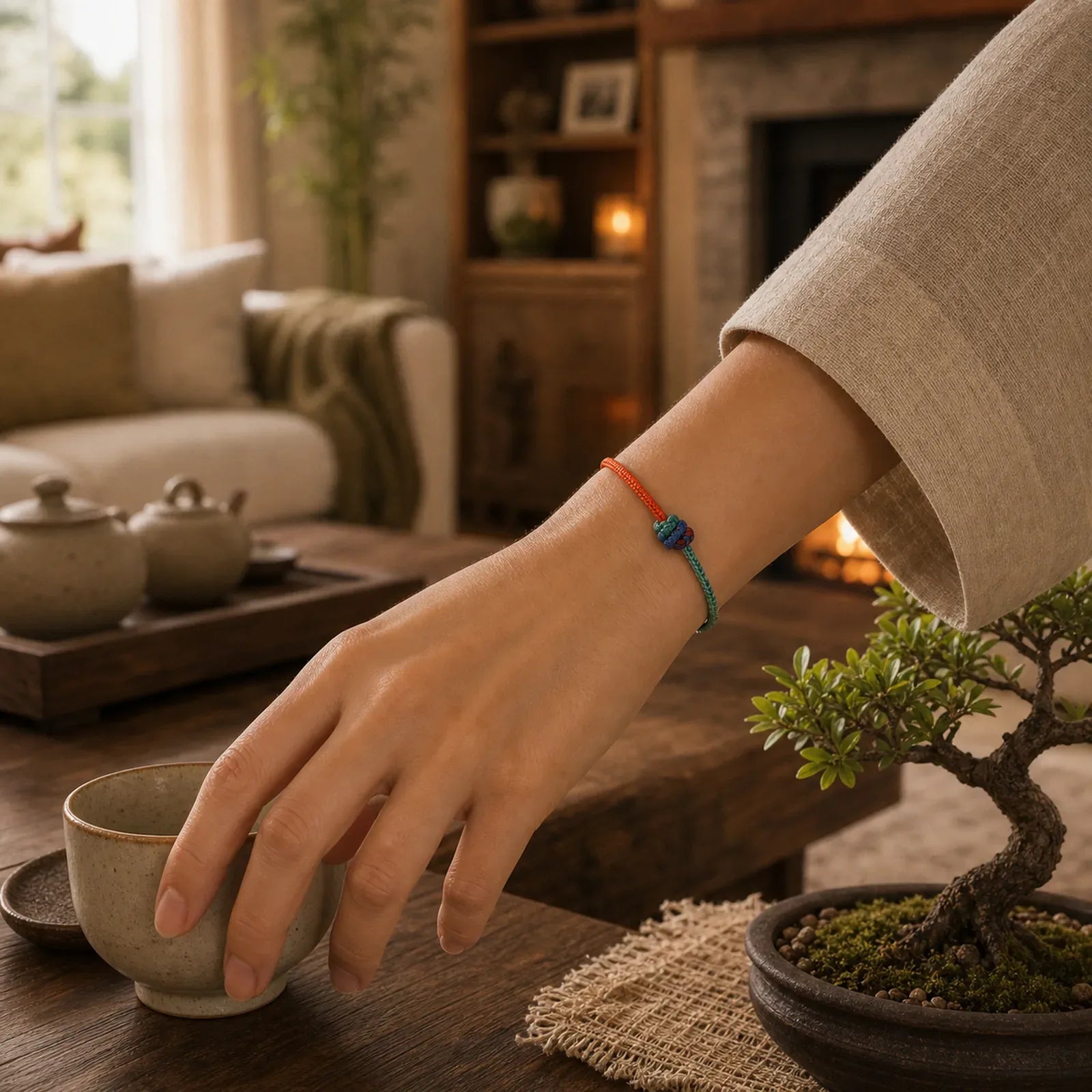 Colored String Hand-woven Knots Strength Bracelet featuring Red String