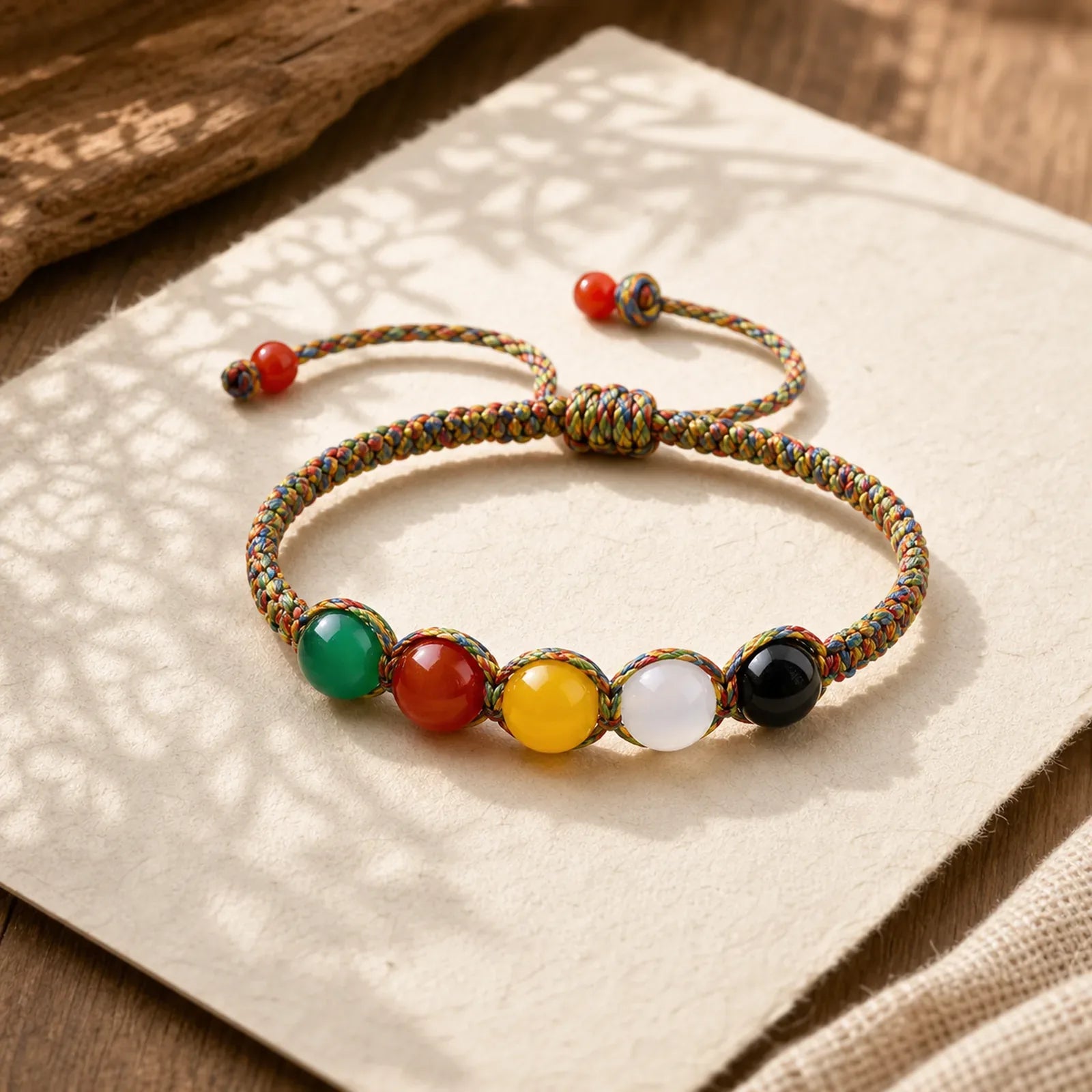 Colorful Agate Metal Wood Water Fire Earth Five Elements String Bracelet featuring Five Elements, Red Agate