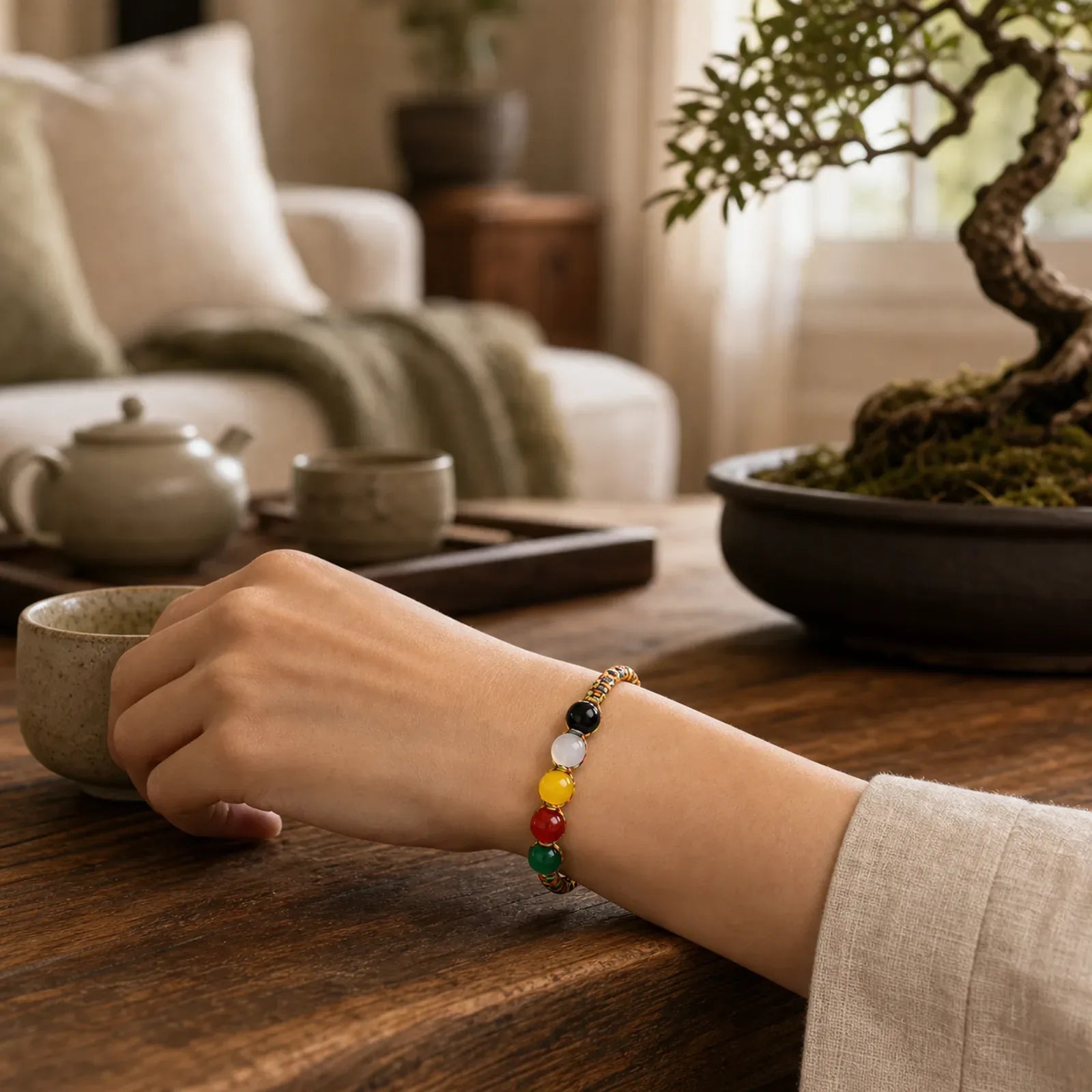 Colorful Agate Metal Wood Water Fire Earth Five Elements String Bracelet featuring Five Elements, Red Agate