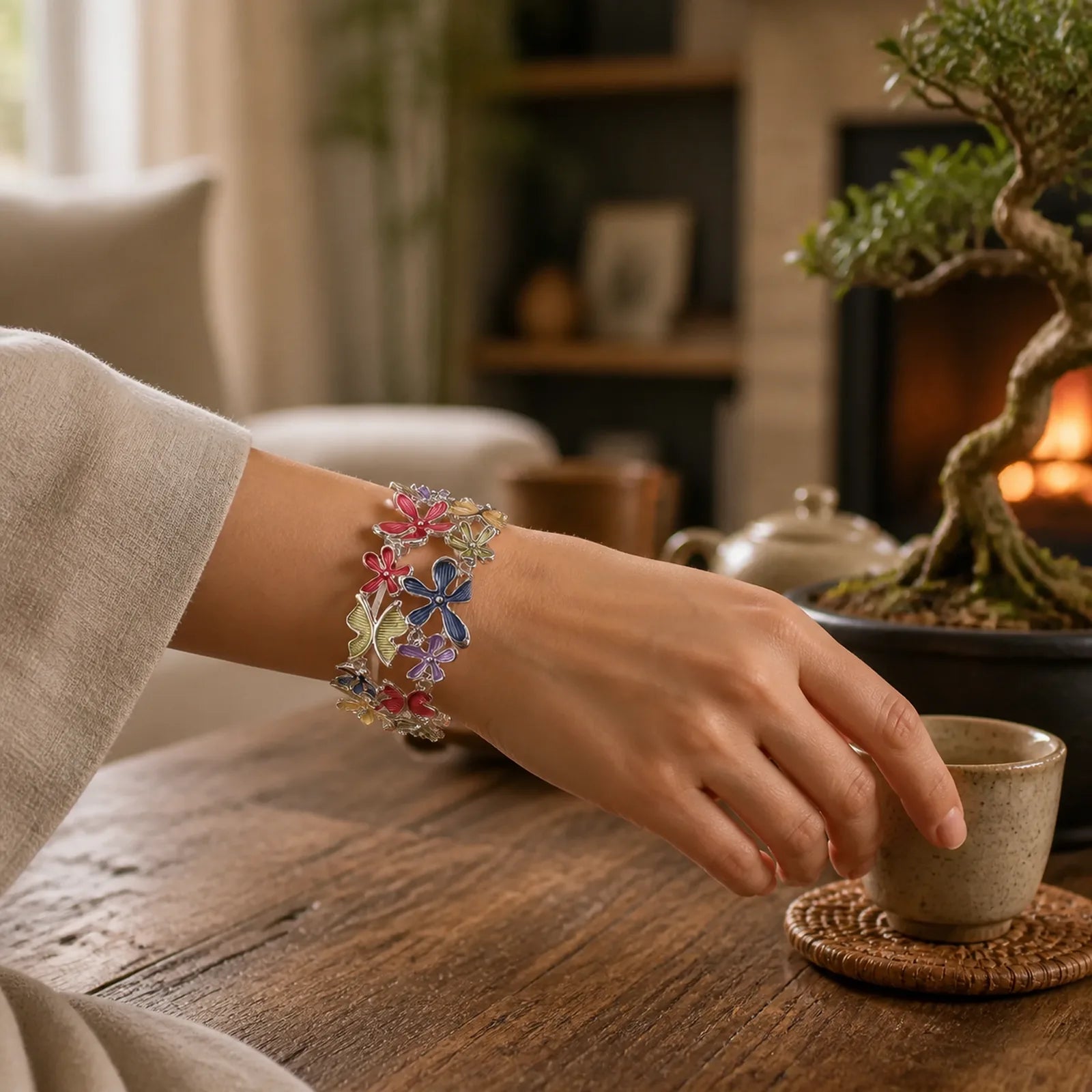 Colorful Butterfly Flowers Love Alloy Elastic Bracelet Bangle featuring Butterfly, Feng Shui Butterfly