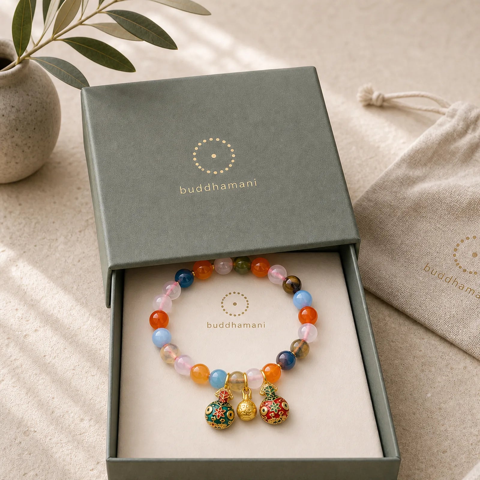 Colorful Candy Agate Gold Swallowing Beast Family Peach Harmony Charm Bracelet featuring Candy Agate