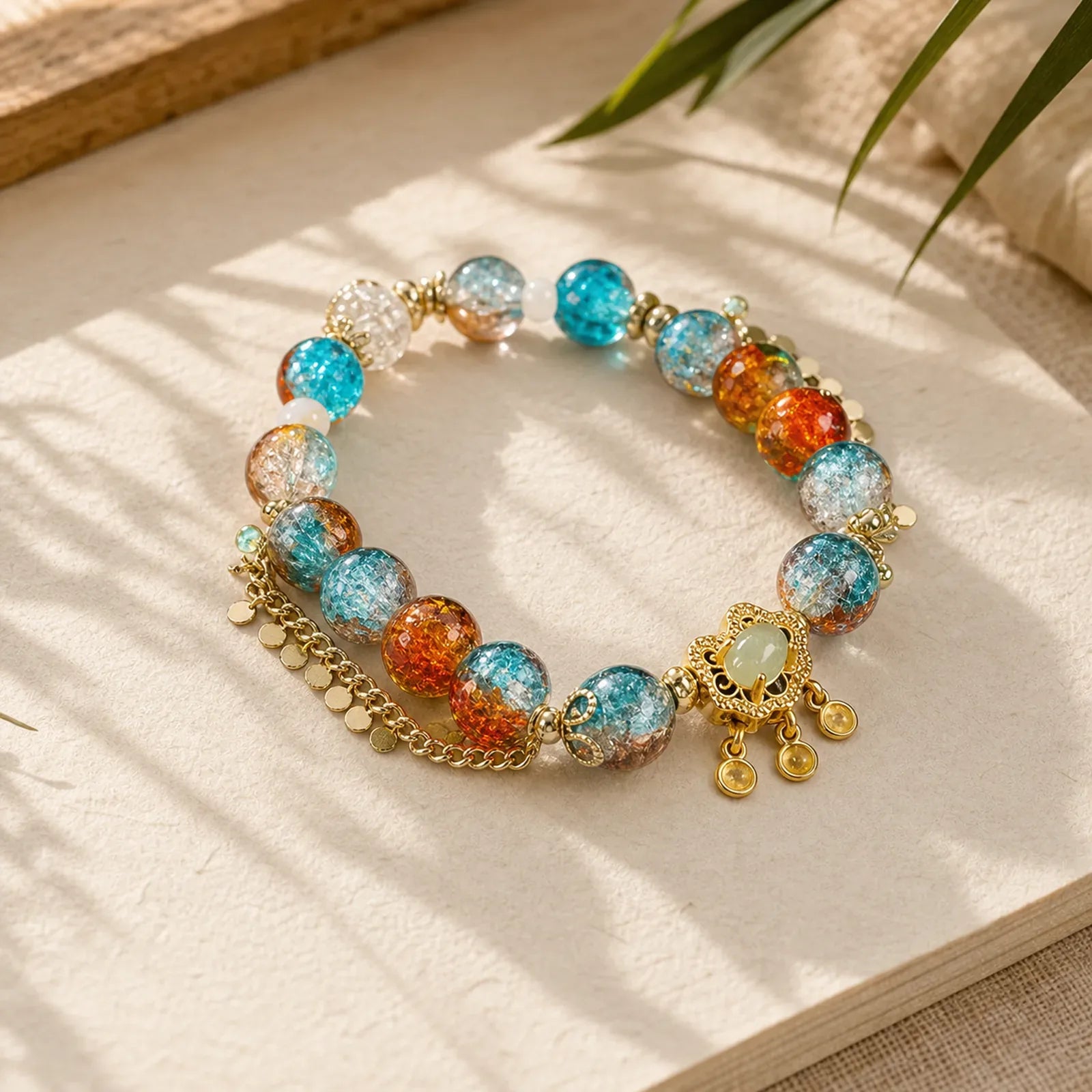 Colorful Liuli Glass Bead Chinese Lock Charm Fortune Bracelet featuring