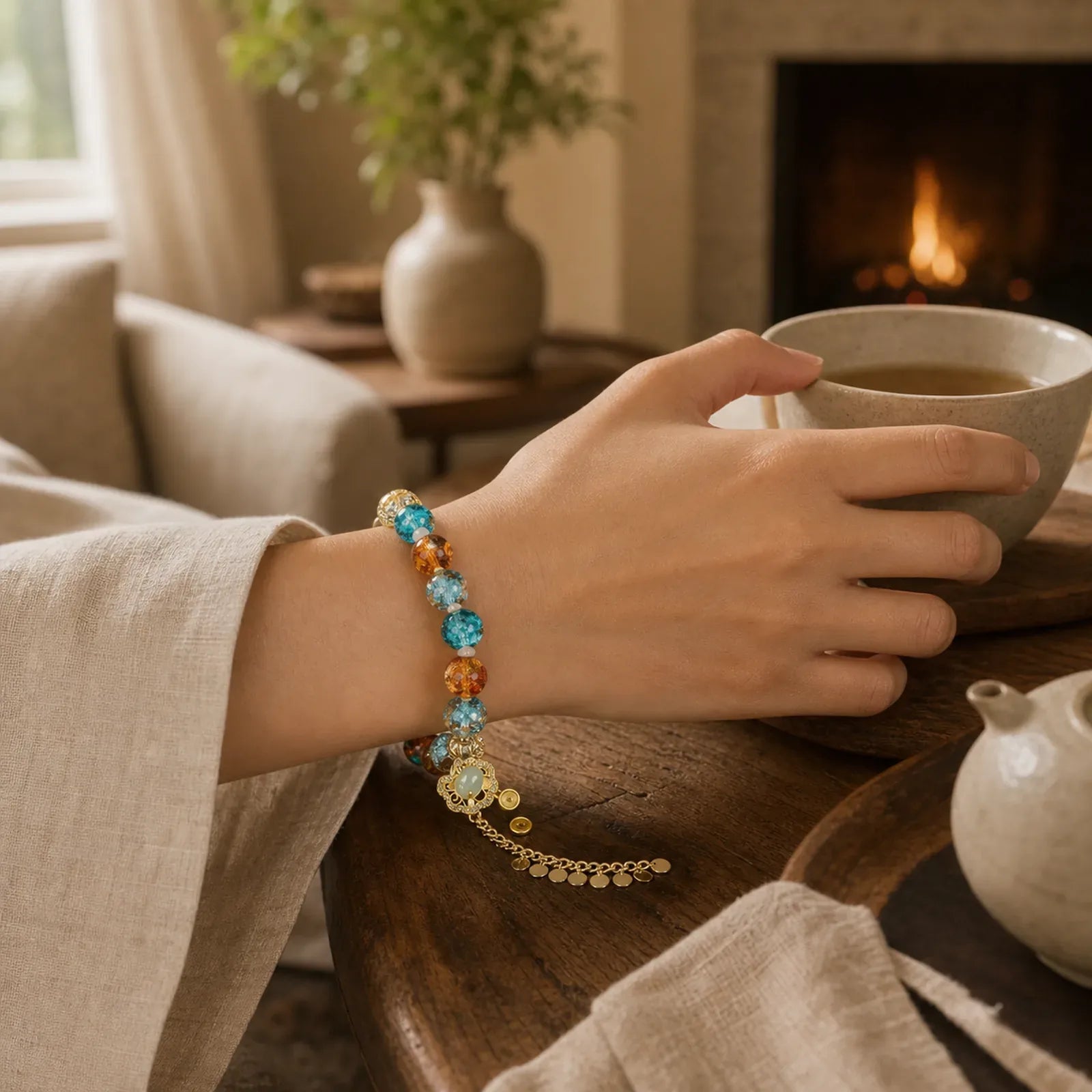 Colorful Liuli Glass Bead Chinese Lock Charm Fortune Bracelet featuring