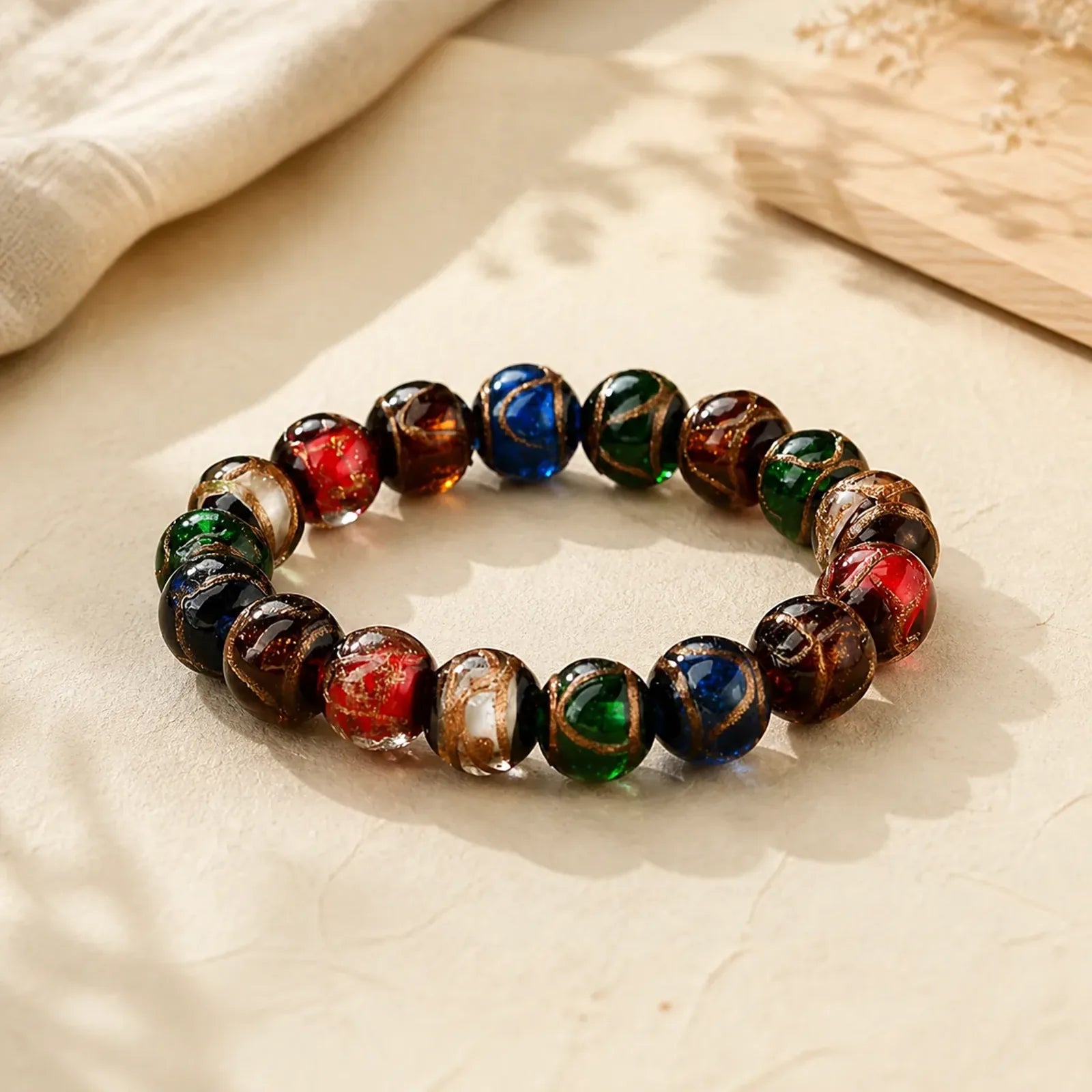 Colorful Liuli Glass Bead Luck Bracelet featuring Tourmaline, Five Elements