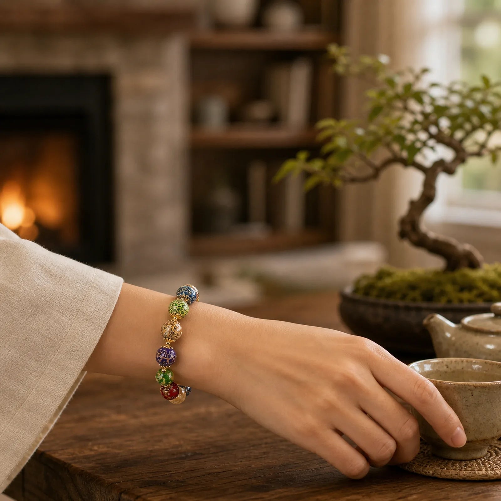 Colorful Liuli Glass Sandalwood Gourd Bead Lacquer Craft Bracelet featuring Sandalwood, Bamboo, Five Elements