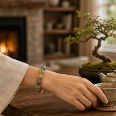 Colorful Liuli Glass Sandalwood Gourd Bead Lacquer Craft Bracelet featuring Sandalwood, Bamboo, Five Elements