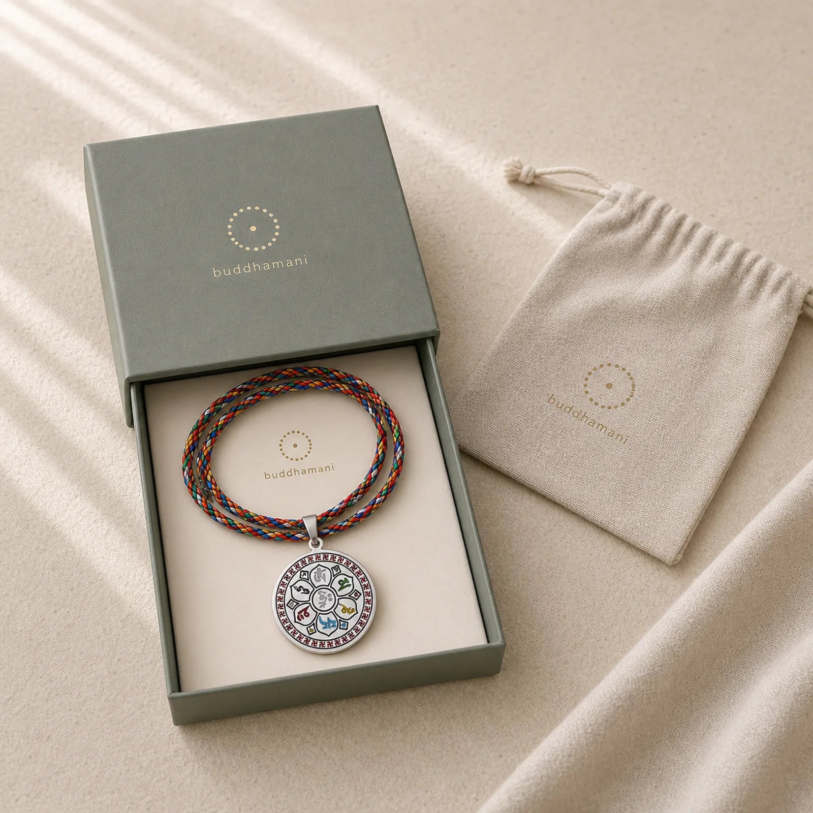 Colorful Om Mani Padme Hum Titanium Steel Protection Rope Necklace Pendant featuring Om Mani Padme Hum, Om, Titanium Steel