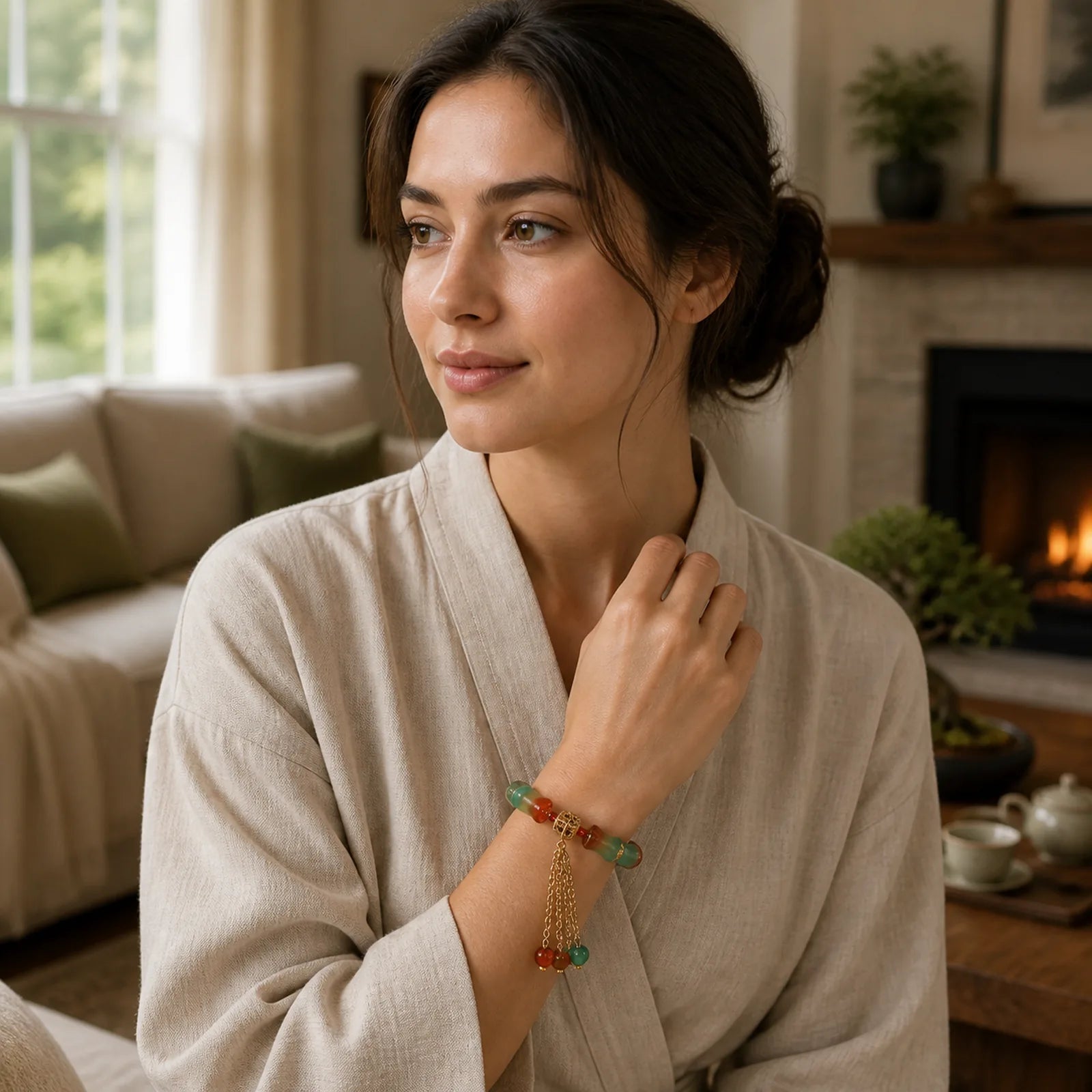 Colorful Peacock Agate Bamboo Beads Tassel Courage Bracelet featuring Peacock Agate, Peacock, Bamboo