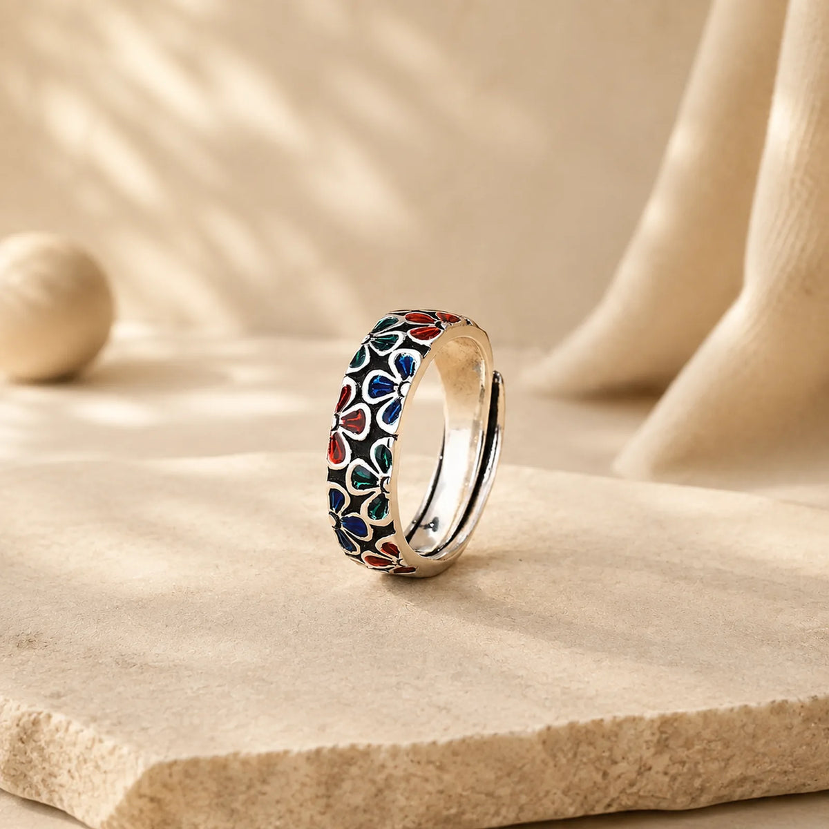 Colorful Plum Blossoms Design Healing Copper Adjustable Ring featuring Copper