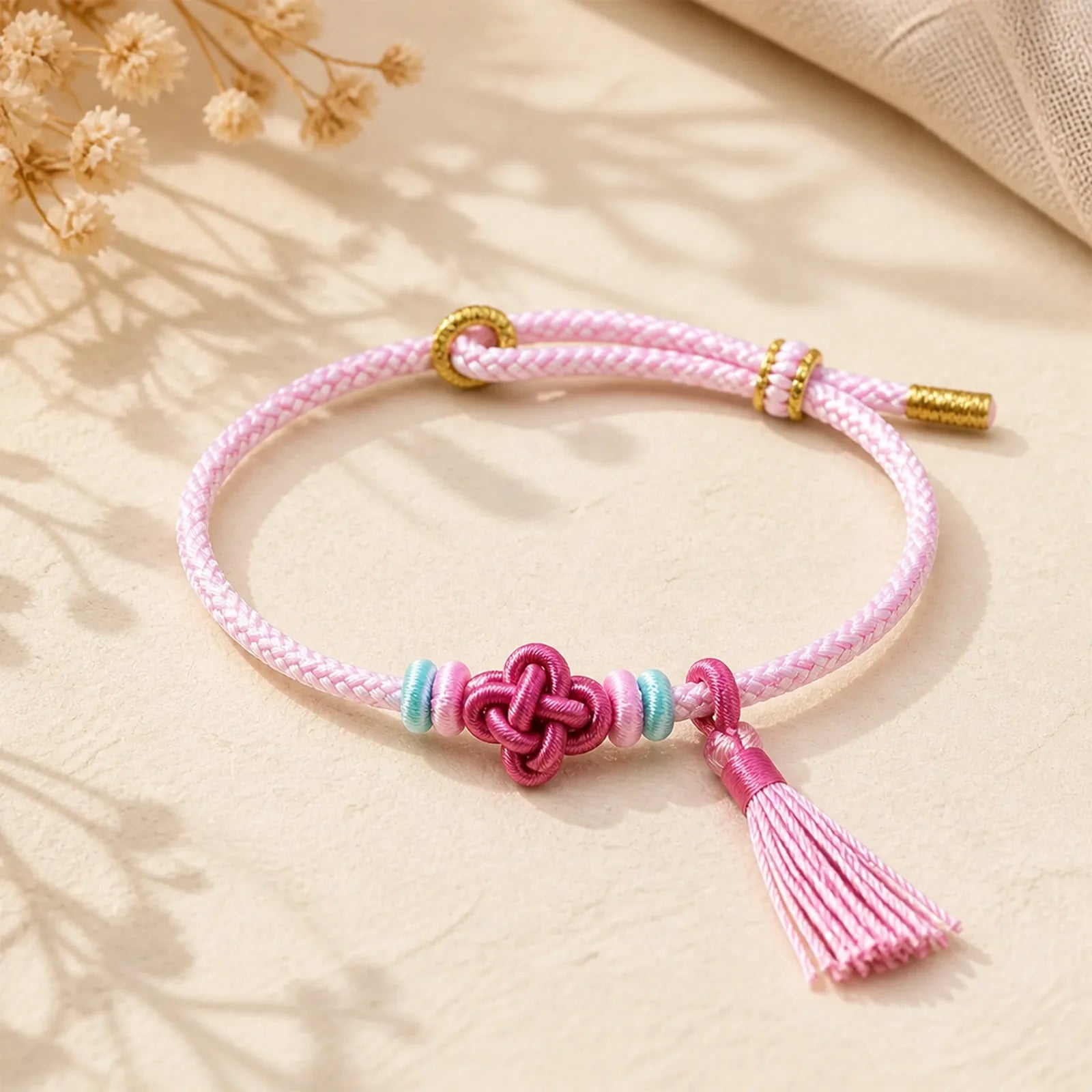 Colorful String Peach Blossom Knot Tassels Protection Bracelet featuring Red String
