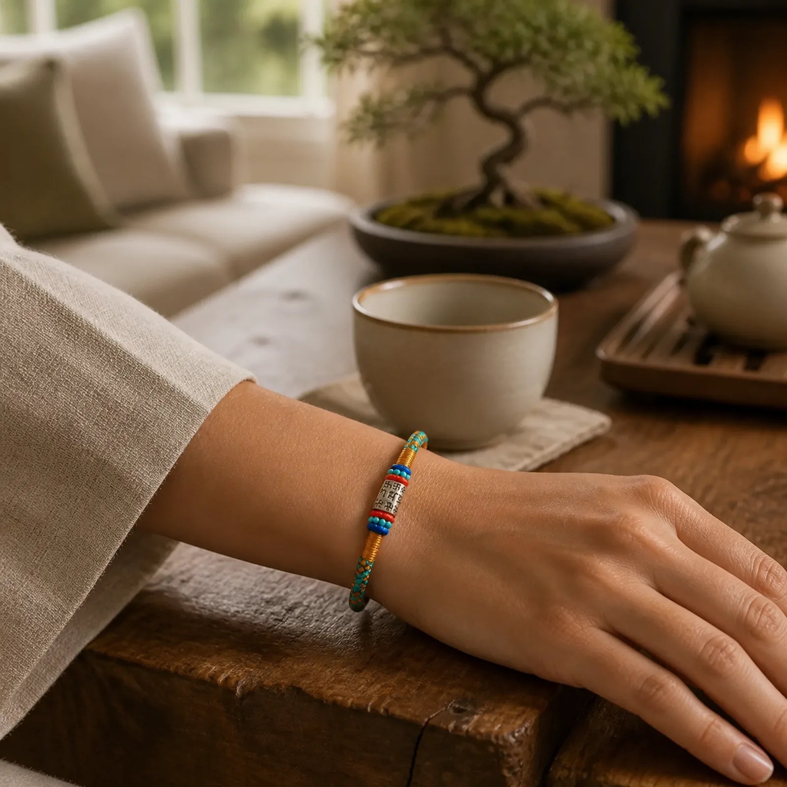 Colorful String Six True Words 925 Silver Focus Bracelet featuring Silver, Om Mani Padme Hum, Om