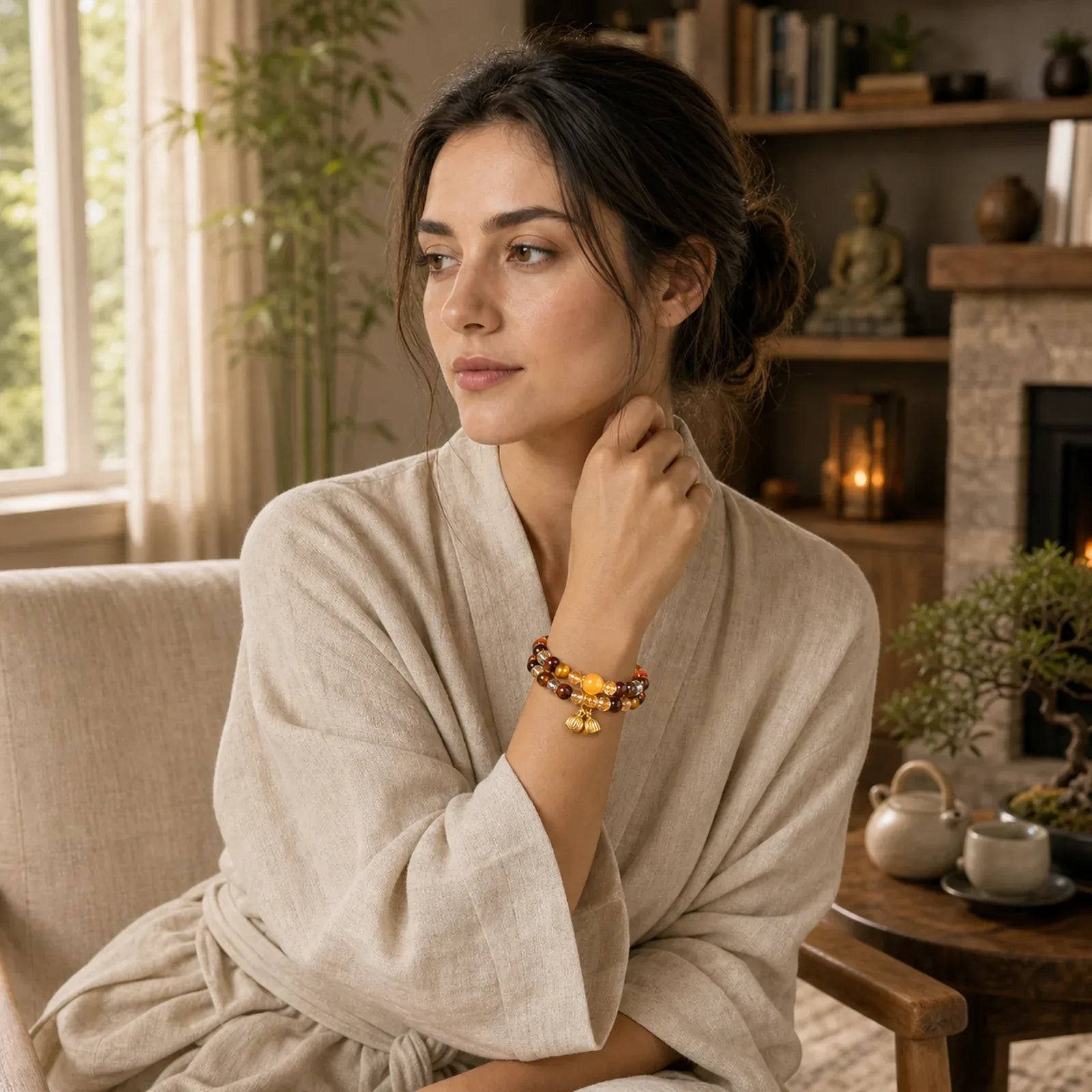 Colorful Tiger Eye Lotus Multi-circle Elastic Rope Protection Bracelet featuring Tiger Eye, Lotus, Lotus Symbol