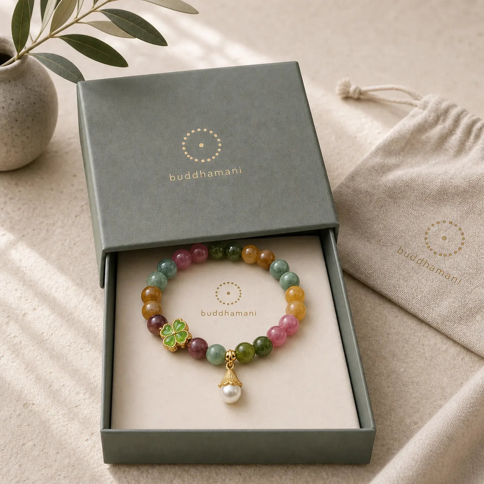 Colorful Tourmaline Four Leaf Clover Flower Wisdom Bracelet (Extra 35% Off | USE CODE: FS35) featuring Tourmaline, Pearl