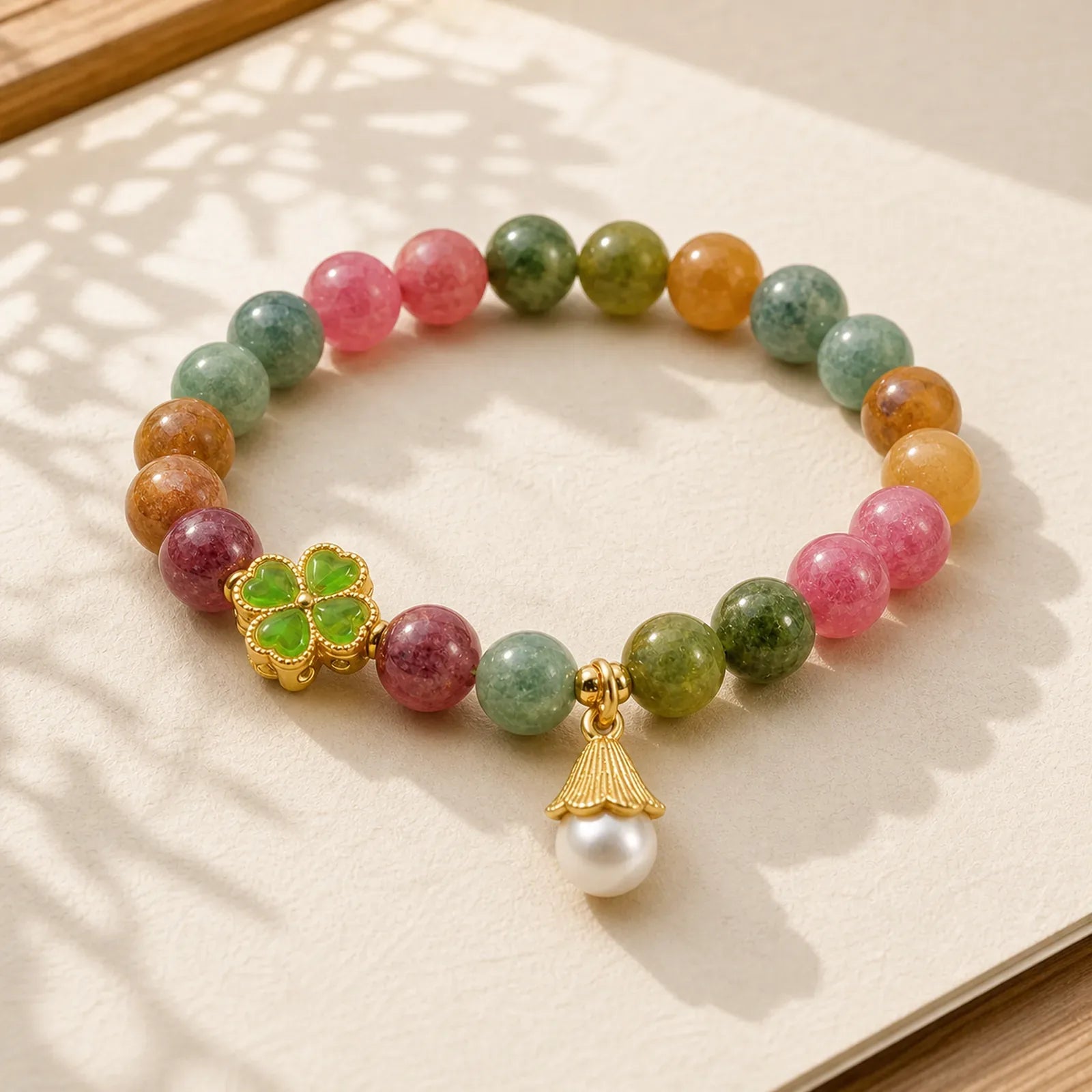 Colorful Tourmaline Four Leaf Clover Flower Wisdom Bracelet (Extra 35% Off | USE CODE: FS35) featuring Tourmaline, Pearl