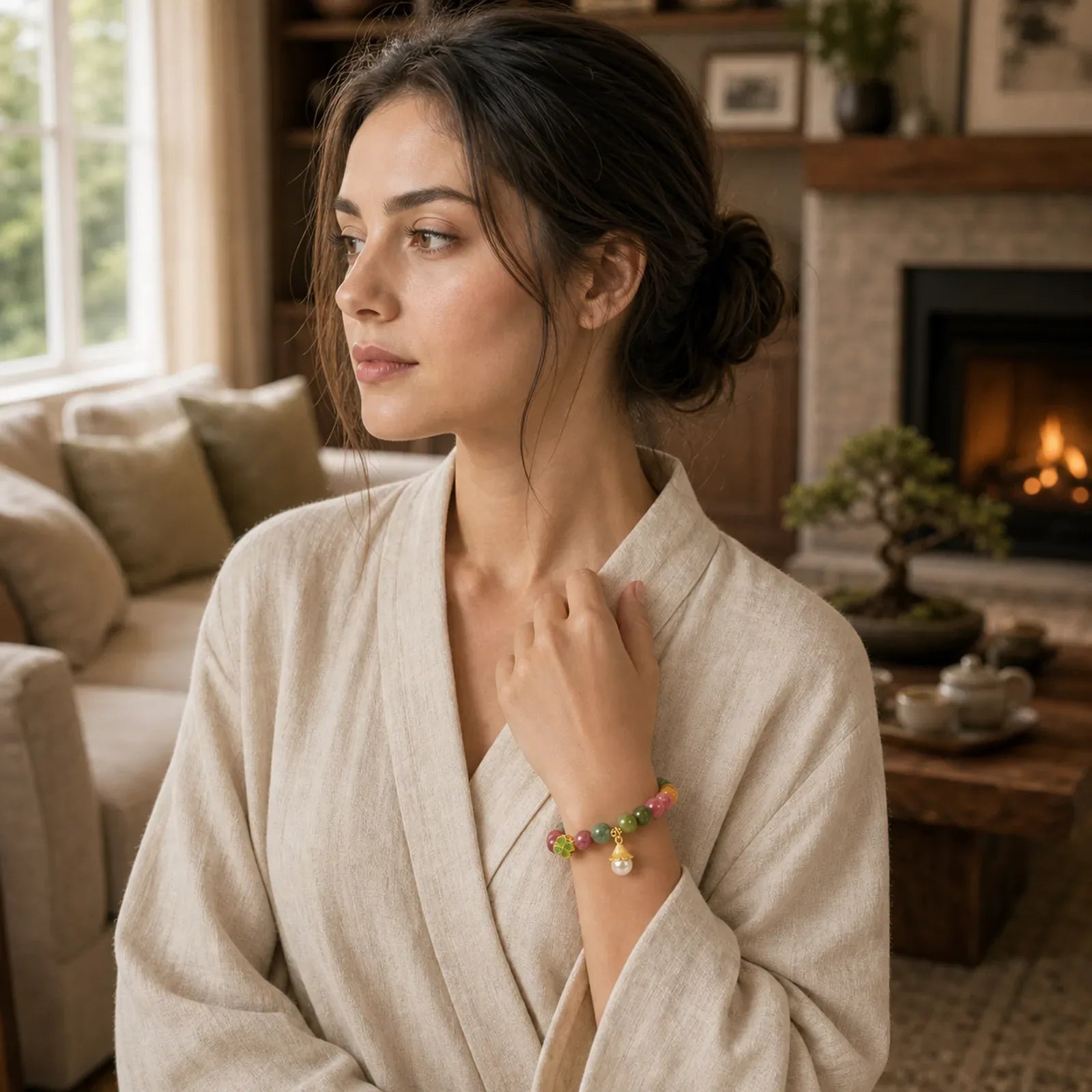Colorful Tourmaline Four Leaf Clover Flower Wisdom Bracelet (Extra 35% Off | USE CODE: FS35) featuring Tourmaline, Pearl