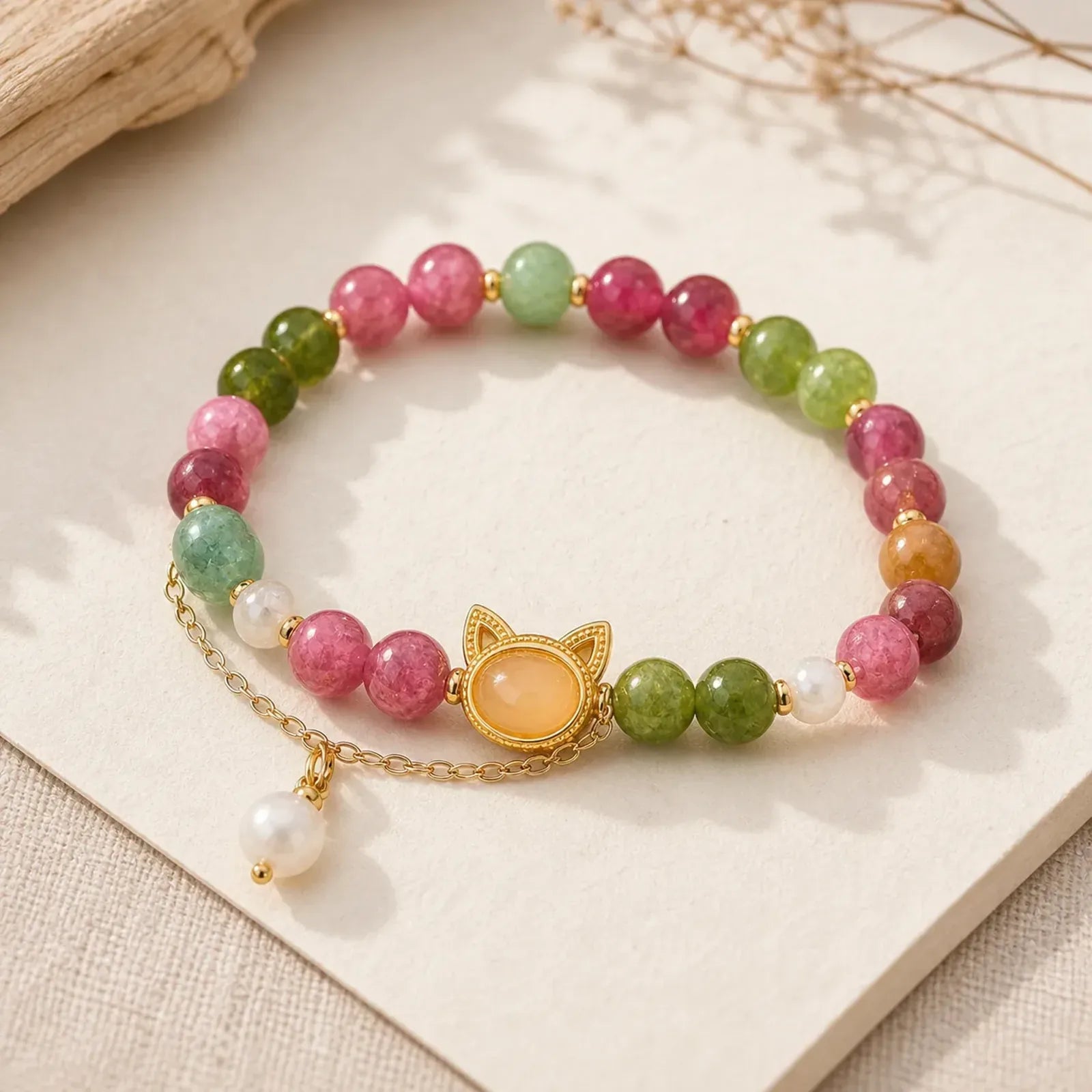 Colorful Tourmaline Lucky Cat Positive Bracelet featuring Tourmaline