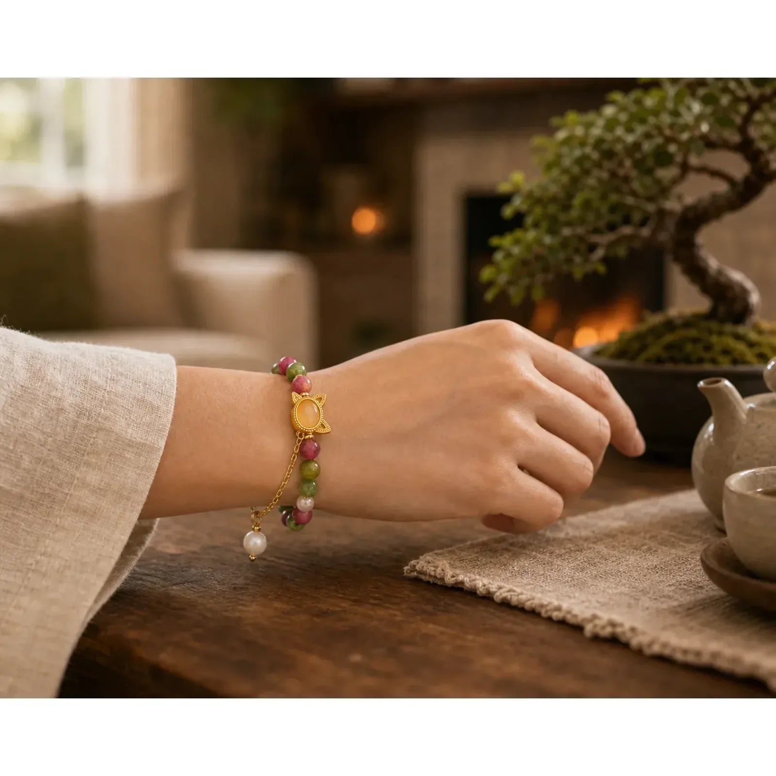 Colorful Tourmaline Lucky Cat Positive Bracelet featuring Tourmaline