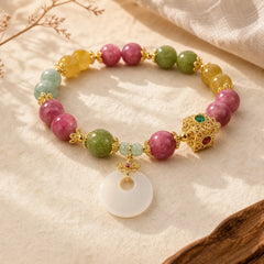 Colorful Tourmaline Peace Buckle Charm Wisdom Bracelet featuring Tourmaline, Peace Buckle, Copper