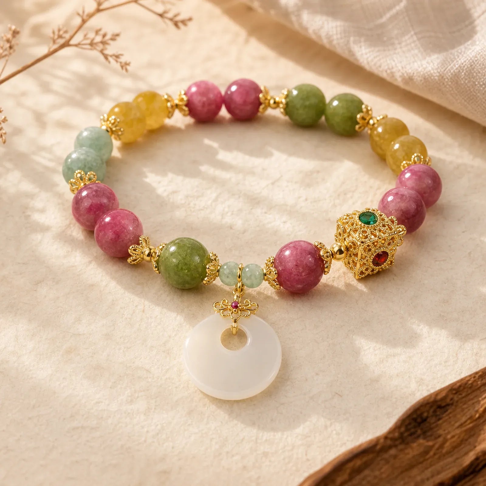 Colorful Tourmaline Peace Buckle Charm Wisdom Bracelet featuring Tourmaline, Peace Buckle, Copper