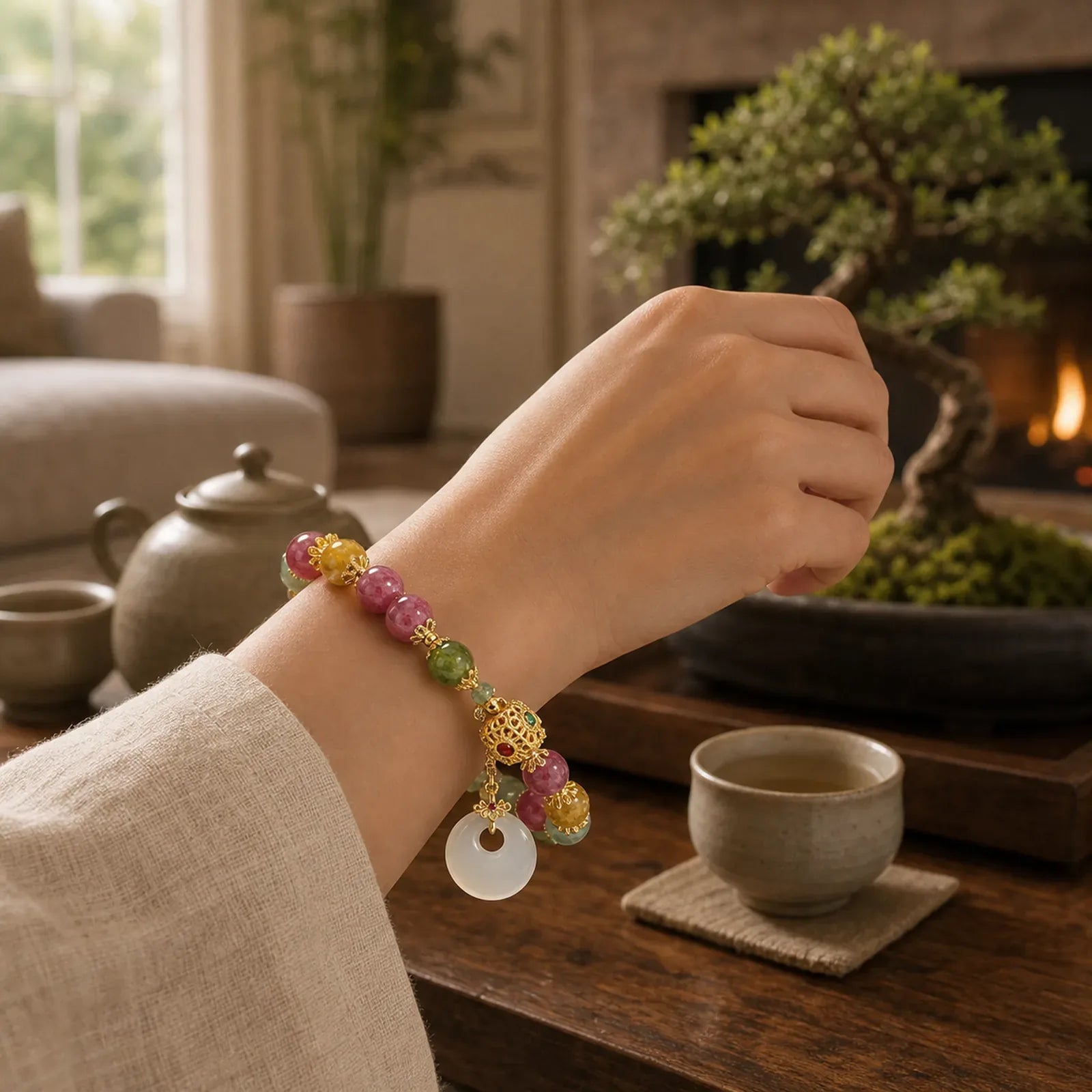 Colorful Tourmaline Peace Buckle Charm Wisdom Bracelet featuring Tourmaline, Peace Buckle, Copper