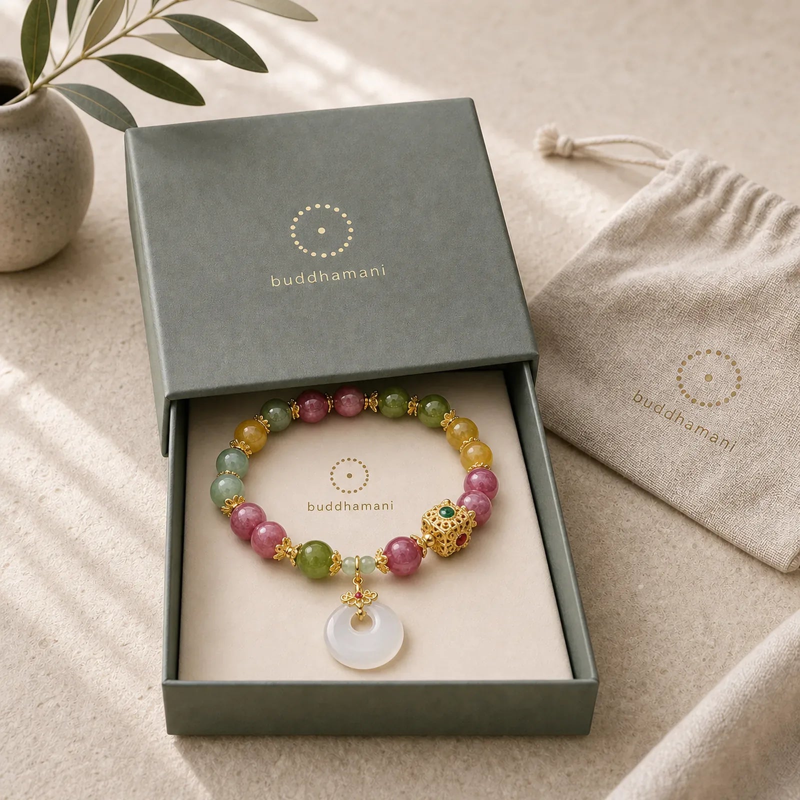 Colorful Tourmaline Peace Buckle Charm Wisdom Bracelet featuring Tourmaline, Peace Buckle, Copper