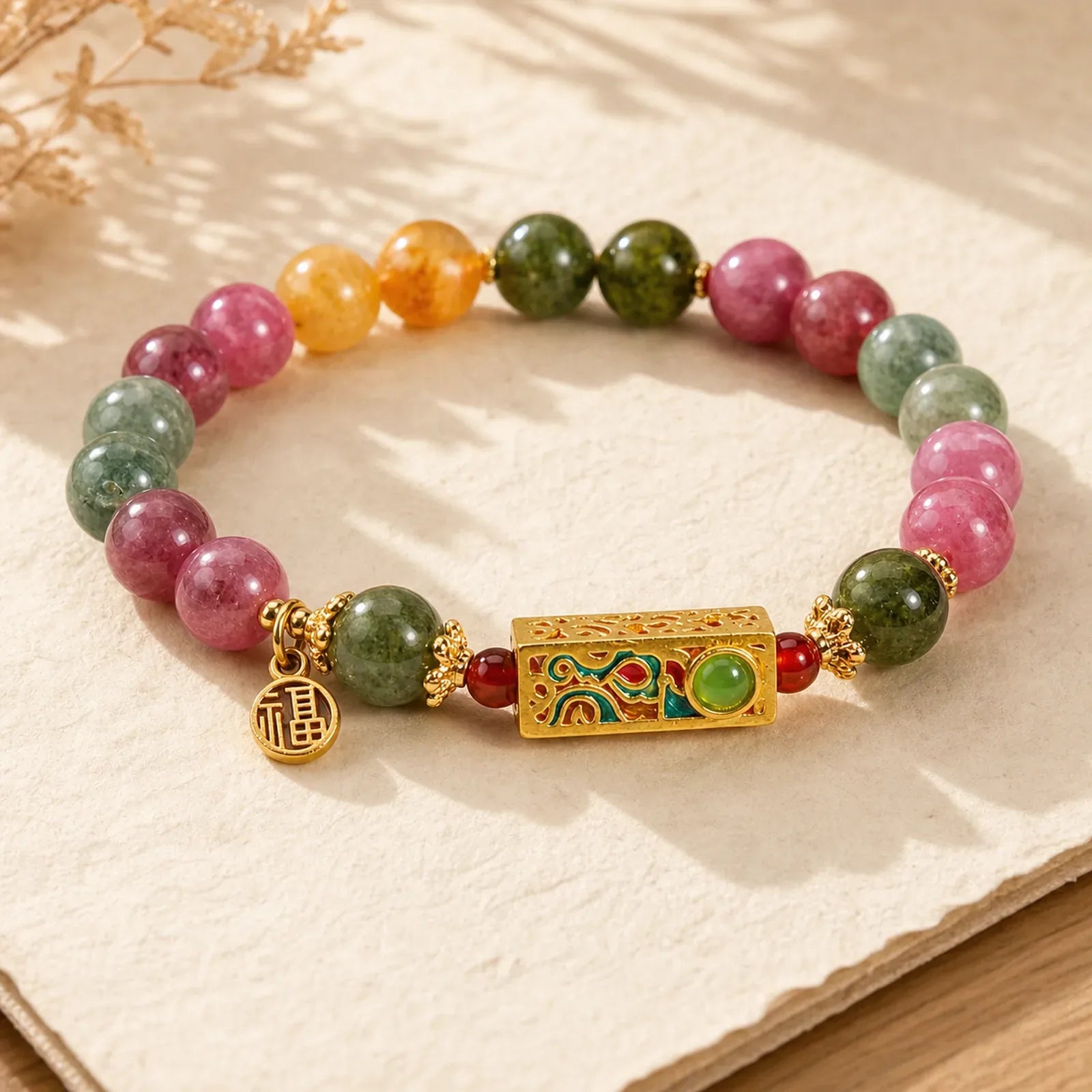Colorful Tourmaline Positive Fu Character Charm Bracelet (Extra 35% Off | USE CODE: FS35) featuring Tourmaline, Fu Character