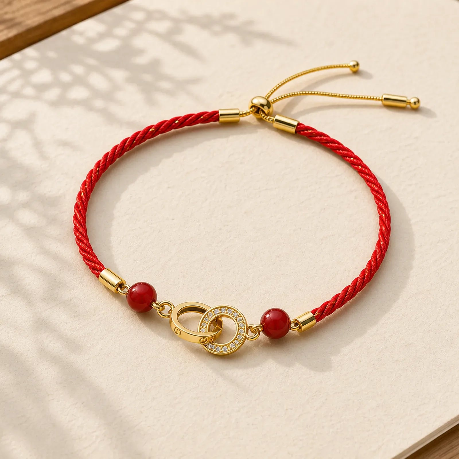 Connected Peace Buckles Copper Plated Gold Red String Protection Bracelet featuring Peace Buckle, Copper, Red String