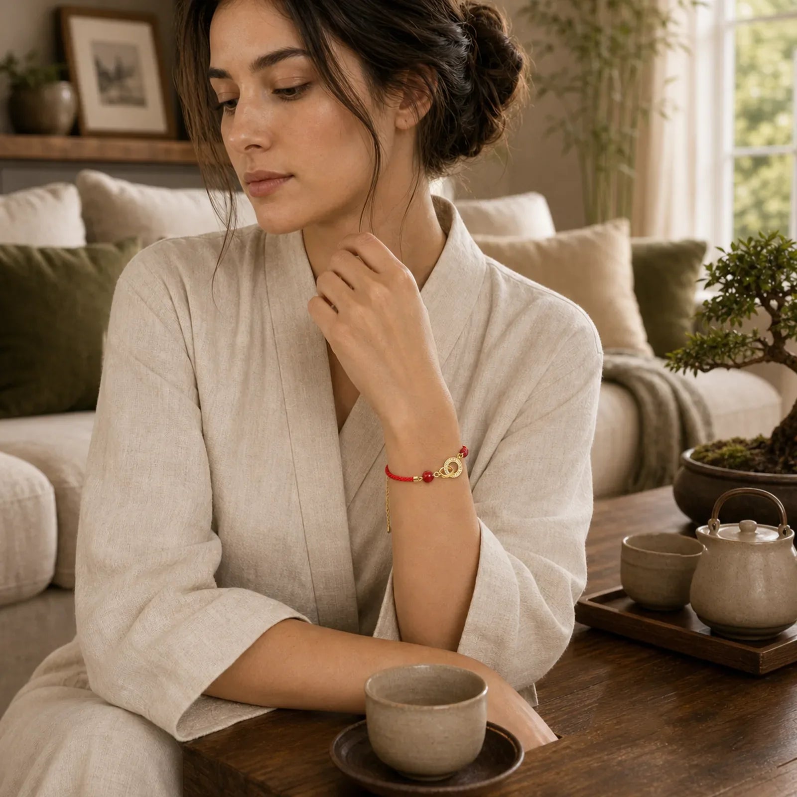 Connected Peace Buckles Copper Plated Gold Red String Protection Bracelet featuring Peace Buckle, Copper, Red String