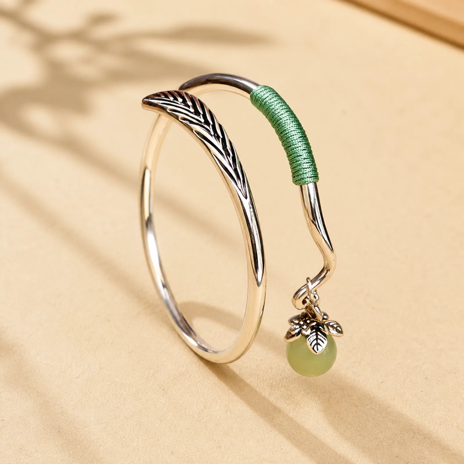 Copper Alloy Green Bead Charm Luck Cuff Bracelet Bangle featuring Copper