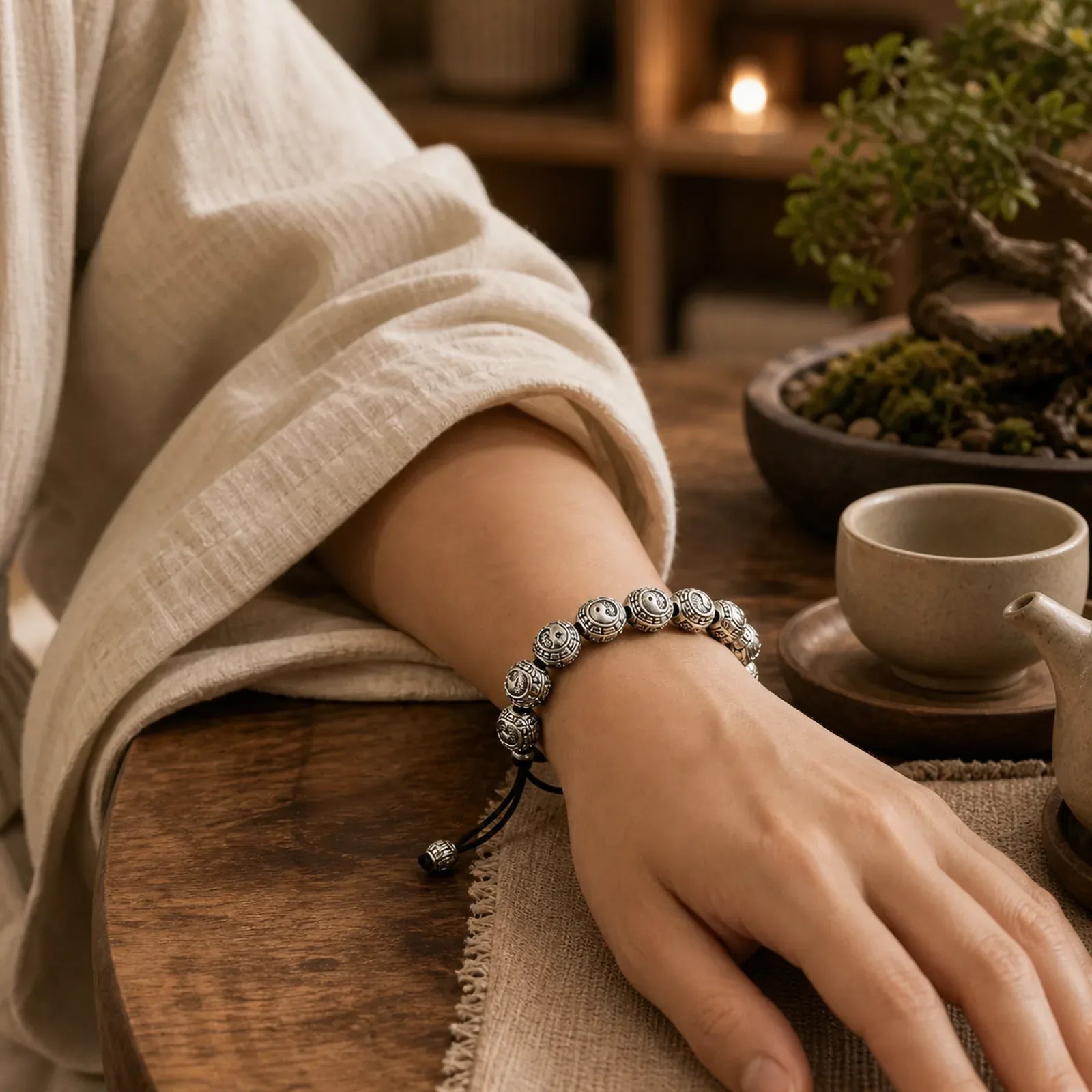 Copper Bagua Yin Yang Harmony Round Bead Bracelet featuring Copper, Bagua