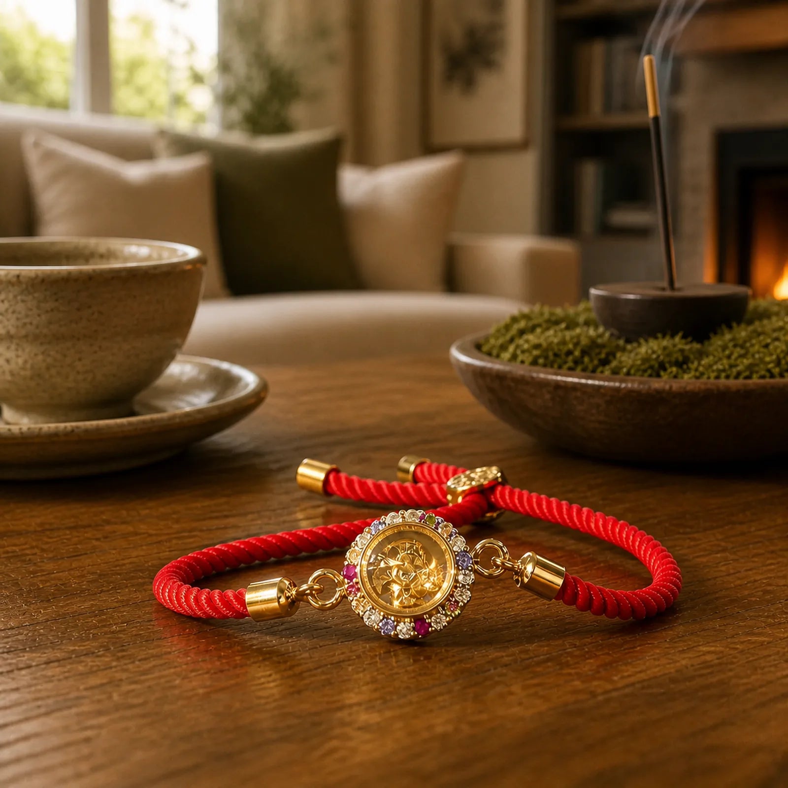 Copper Brass Color Rotatable Windmill Feng Sheng Shui Qi Fu Red String Faith Braided Bracelet featuring Copper, Red String, Fu Character