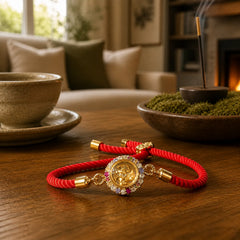 Copper Brass Color Rotatable Windmill Feng Sheng Shui Qi Fu Red String Faith Braided Bracelet featuring Copper, Red String, Fu Character