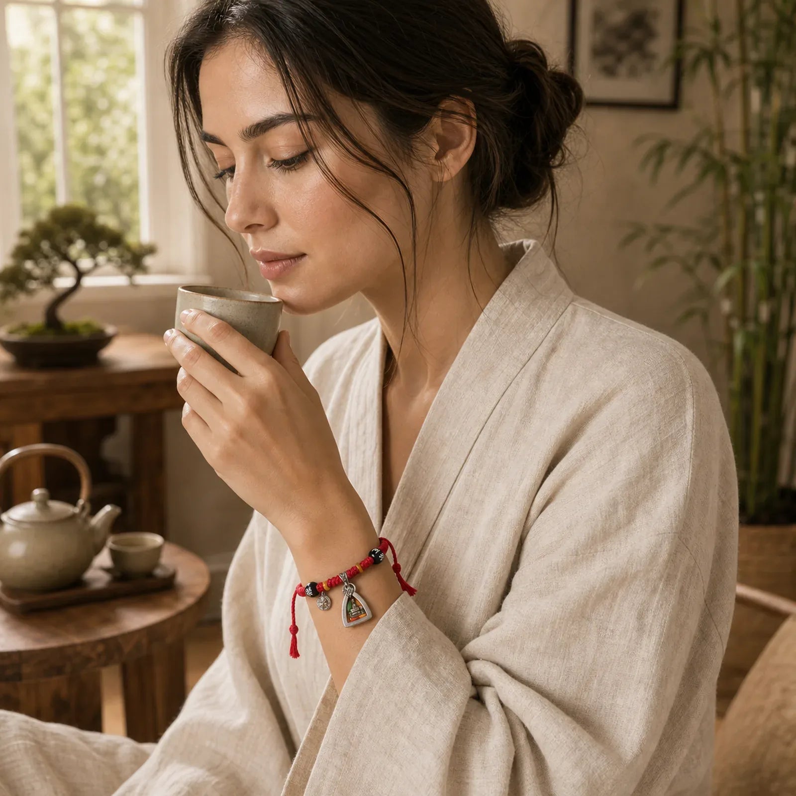 Copper Buddha Amitabha Braided Rope Serenity Bracelet featuring Copper, Buddha Symbol, Red String